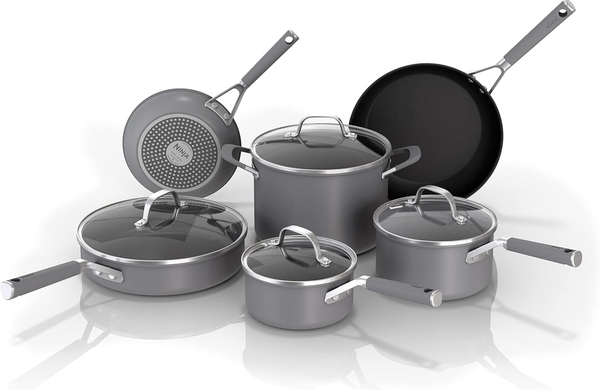 Ninja Pots and Pans Set Non Stick | Consolation Grip 10-Piece Cookware Set with NeverStick | Frying Pan, Sauce Pan With Lid, Inventory Pot with Lid, Nonstick, Dishwasher Protected, Oven Protected to 400°F, CW69010 Ninja Pots and Pans Set Non Stick | Consolation Grip 10-Piece Cookware Set with NeverStick | Frying Pan, Sauce Pan With Lid, Inventory Pot with Lid, Nonstick, Dishwasher Protected, Oven Protected to 400°F, CW69010