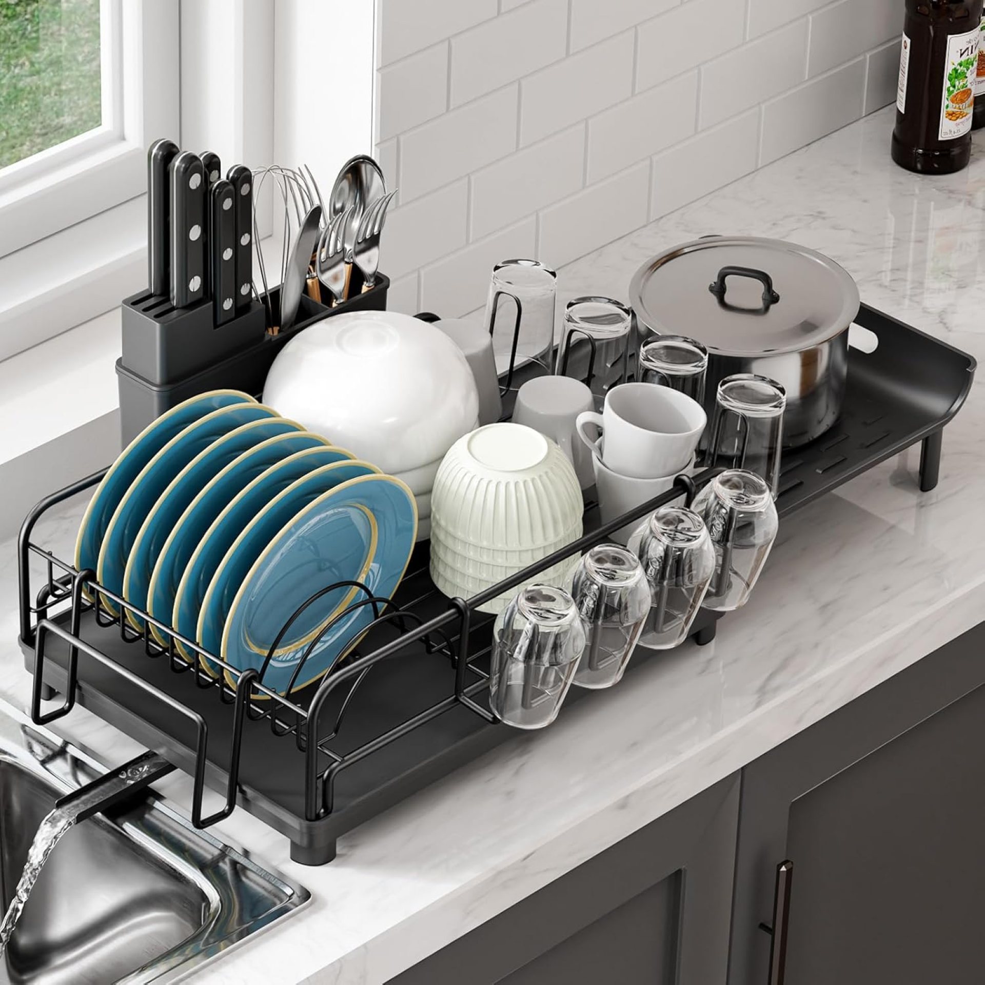 Massive Dish Drying Rack, Expandable Dish Racks for Kitchen Counter, Rustproof Dish Drying Rack with Cutlery and Cup Holder, Black Dish Drainers for Kitchen Sink Massive Dish Drying Rack, Expandable Dish Racks for Kitchen Counter, Rustproof Dish Drying Rack with Cutlery and Cup Holder, Black Dish Drainers for Kitchen Sink