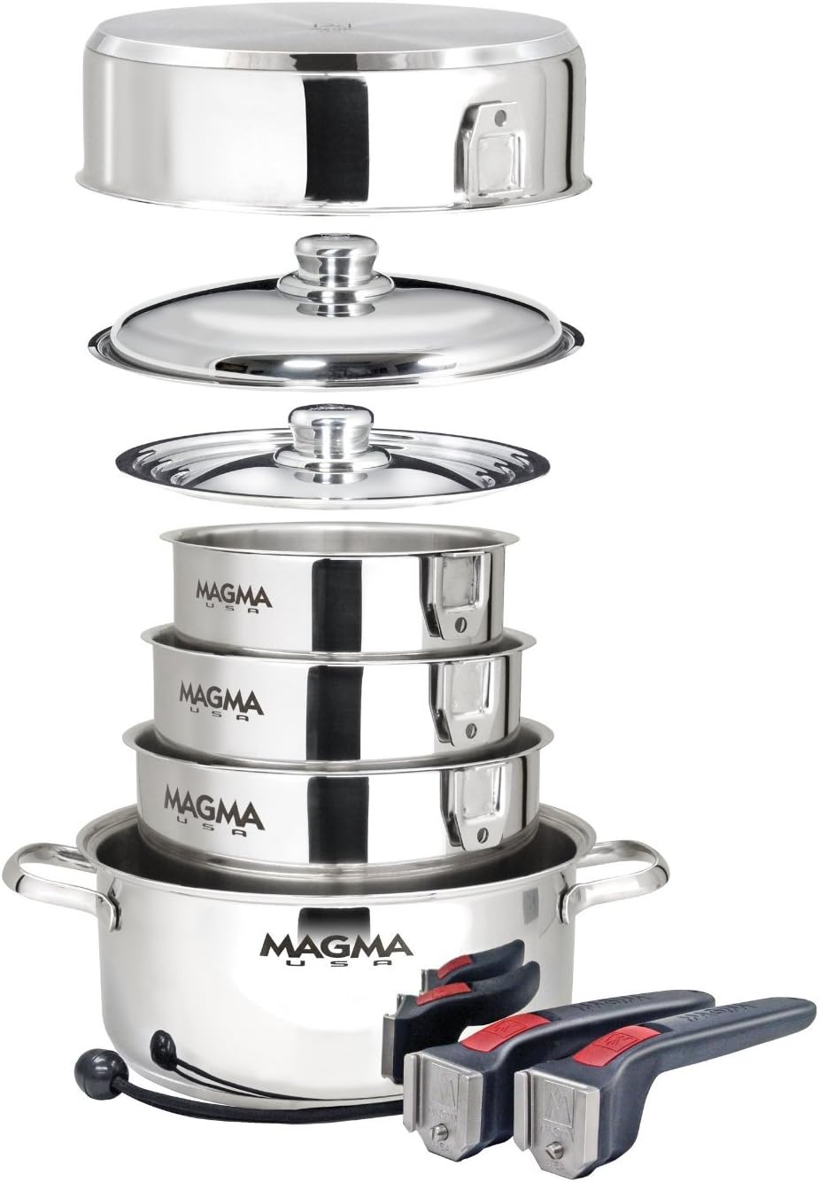 Magma 10 Piece Gourmand Nesting Stainless Metal Cookware Set, Induction Appropriate, Oven Secure to 500°F – Appropriate for All Stovetops, Detachable Handles, Silver Magma 10 Piece Gourmand Nesting Stainless Metal Cookware Set, Induction Appropriate, Oven Secure to 500°F – Appropriate for All Stovetops, Detachable Handles, Silver