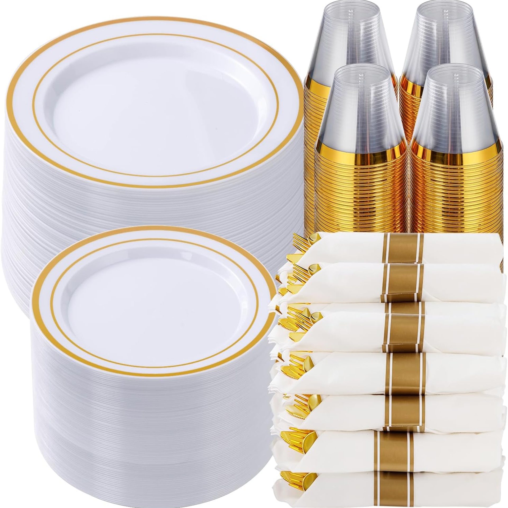Goodluck 700 Piece Gold Plastic Dinnerware Set for 100 Visitors, Disposable Plates for Celebration, Embrace: 100 Dinner Plates, 100 Dessert Plates, 100 Pre Rolled Napkins with Silverware, 100 Cups Goodluck 700 Piece Gold Plastic Dinnerware Set for 100 Visitors, Disposable Plates for Celebration, Embrace: 100 Dinner Plates, 100 Dessert Plates, 100 Pre Rolled Napkins with Silverware, 100 Cups