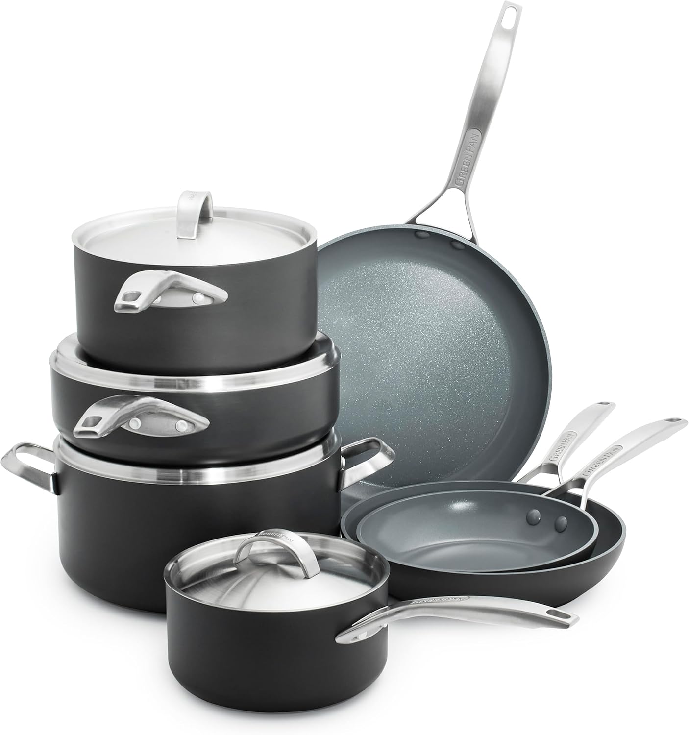 GreenPan Paris Professional Laborious Anodized Wholesome Ceramic Nonstick, 11 Piece Cookware Pots and Pans Set with Stainless Metal Lids, PFAS-Free, Dishwasher Protected, Gray GreenPan Paris Professional Laborious Anodized Wholesome Ceramic Nonstick, 11 Piece Cookware Pots and Pans Set with Stainless Metal Lids, PFAS-Free, Dishwasher Protected, Gray