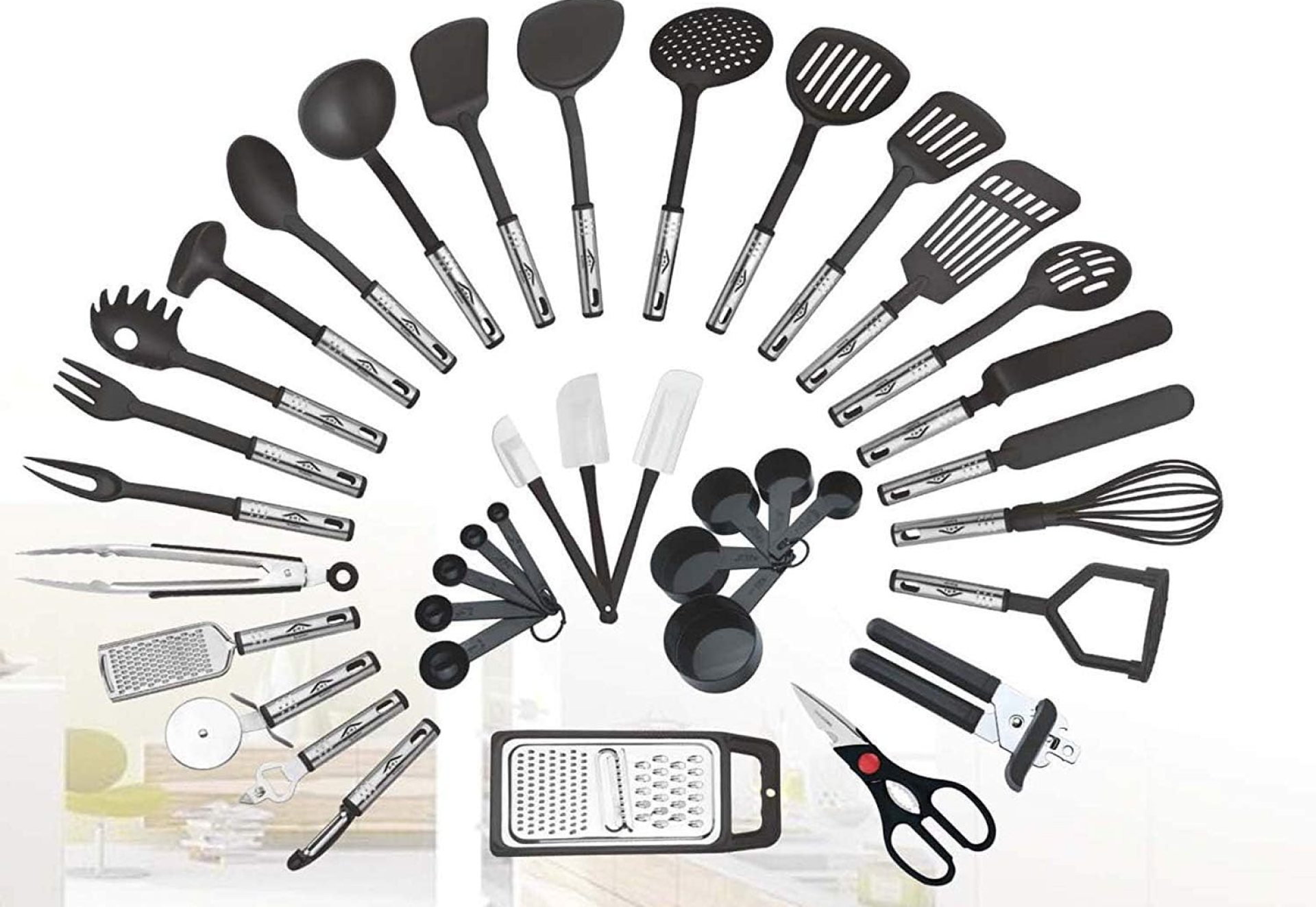 38-piece Kitchen Utensils Set Dwelling Cooking Instruments Devices Turners Tongs Spatulas Pizza Cutter Whisk Bottle Opener, Graters Peeler, Can Opener, Measuring Cups Spoons (Black) 38-piece Kitchen Utensils Set Dwelling Cooking Instruments Devices Turners Tongs Spatulas Pizza Cutter Whisk Bottle Opener, Graters Peeler, Can Opener, Measuring Cups Spoons (Black)