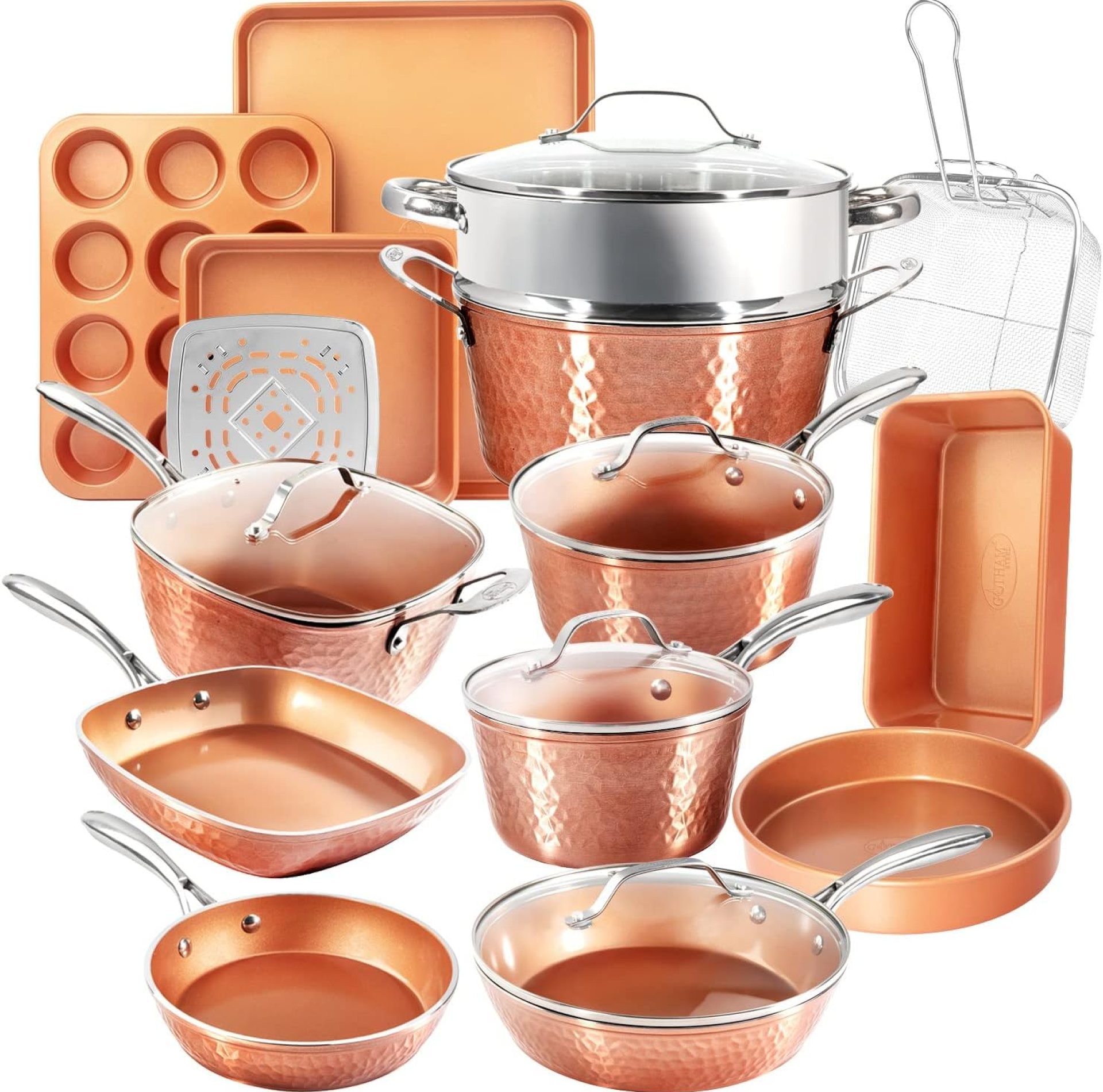 Gotham Metal Hammered Copper Assortment – 20 Piece Premium Pots and Pans Set Nonstick Ceramic Cookware + Bakeware Set for Kitchen, Induction/Dishwasher/Oven Secure, Wholesome and Non Poisonous Gotham Metal Hammered Copper Assortment – 20 Piece Premium Pots and Pans Set Nonstick Ceramic Cookware + Bakeware Set for Kitchen, Induction/Dishwasher/Oven Secure, Wholesome and Non Poisonous