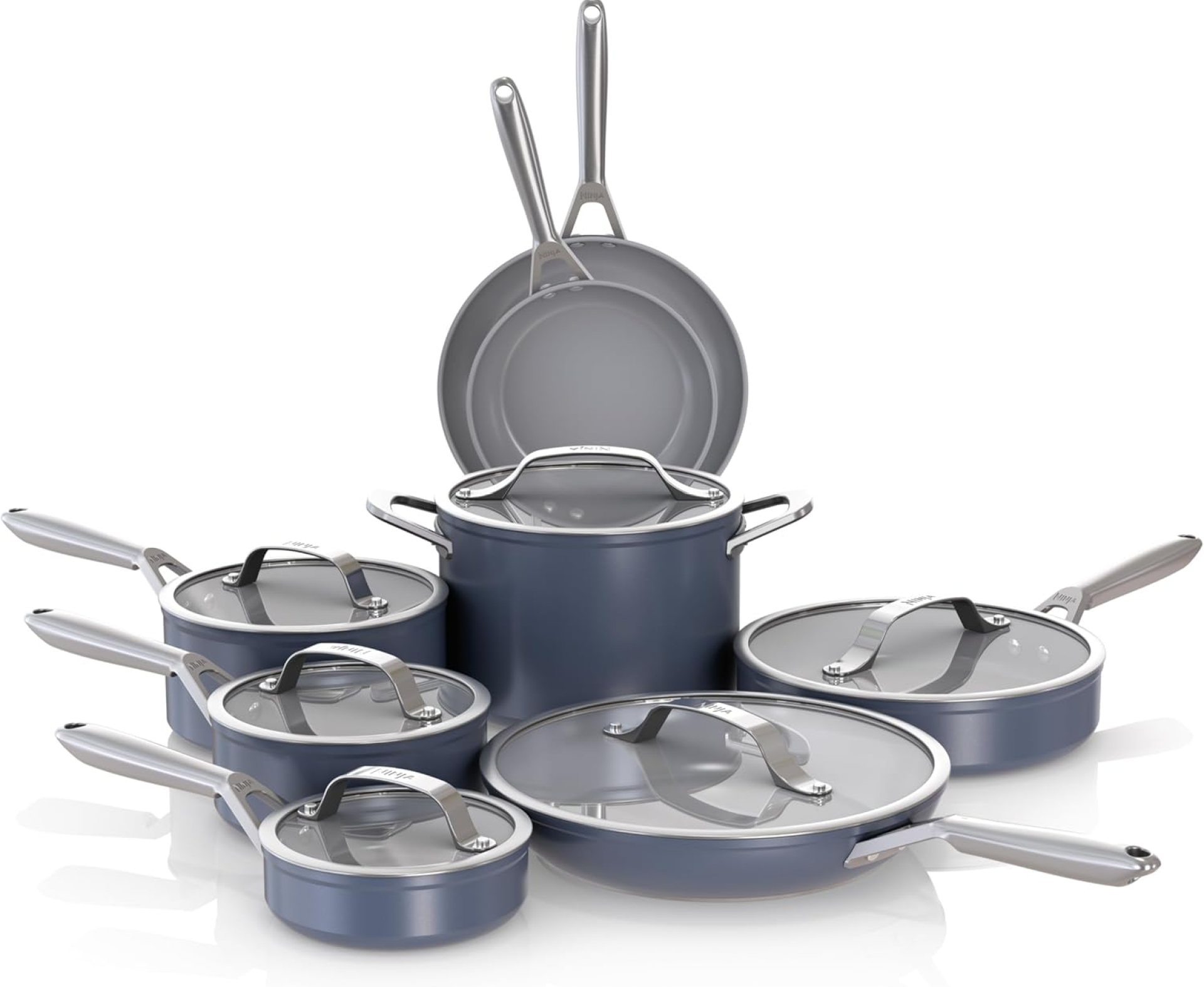 Ninja NeverStick Ceramic Professional 14-Piece Cookware Set, Non-Stick Pots & Pans Set with Glass Lids, Ceramic Coated, Stainless Metal, Range to Oven Secure, All Stovetops & Induction Suitable, Blue CW39014MM Ninja NeverStick Ceramic Professional 14-Piece Cookware Set, Non-Stick Pots & Pans Set with Glass Lids, Ceramic Coated, Stainless Metal, Range to Oven Secure, All Stovetops & Induction Suitable, Blue CW39014MM