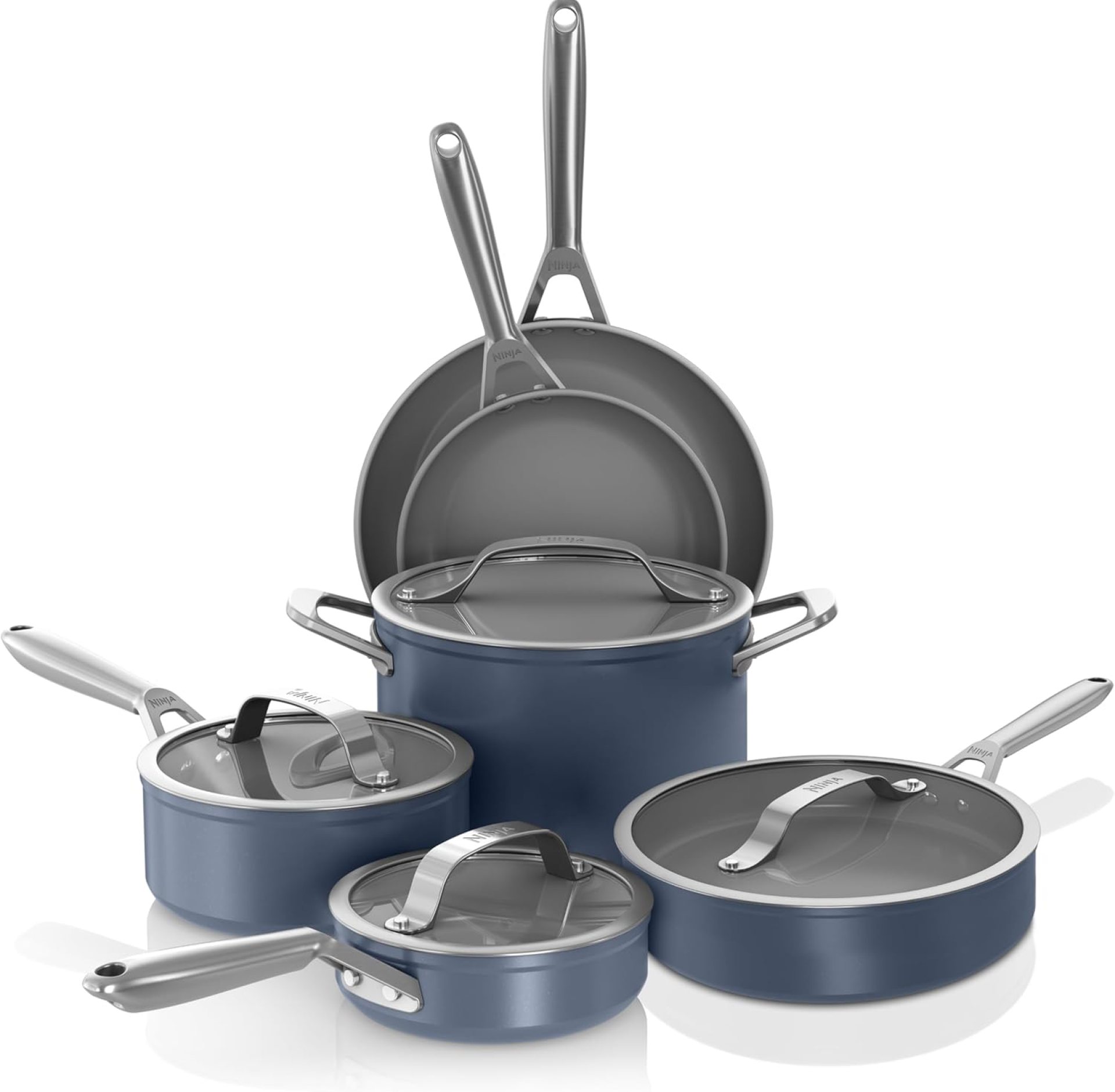 Ninja NeverStick Ceramic Professional 10-Piece Cookware Set, Non-Stick Pots & Pans Set with Glass Lids, Ceramic Coated, Stainless Metal Handles, Oven Secure, All Stovetops & Induction Suitable, Blue, CW39010MM Ninja NeverStick Ceramic Professional 10-Piece Cookware Set, Non-Stick Pots & Pans Set with Glass Lids, Ceramic Coated, Stainless Metal Handles, Oven Secure, All Stovetops & Induction Suitable, Blue, CW39010MM