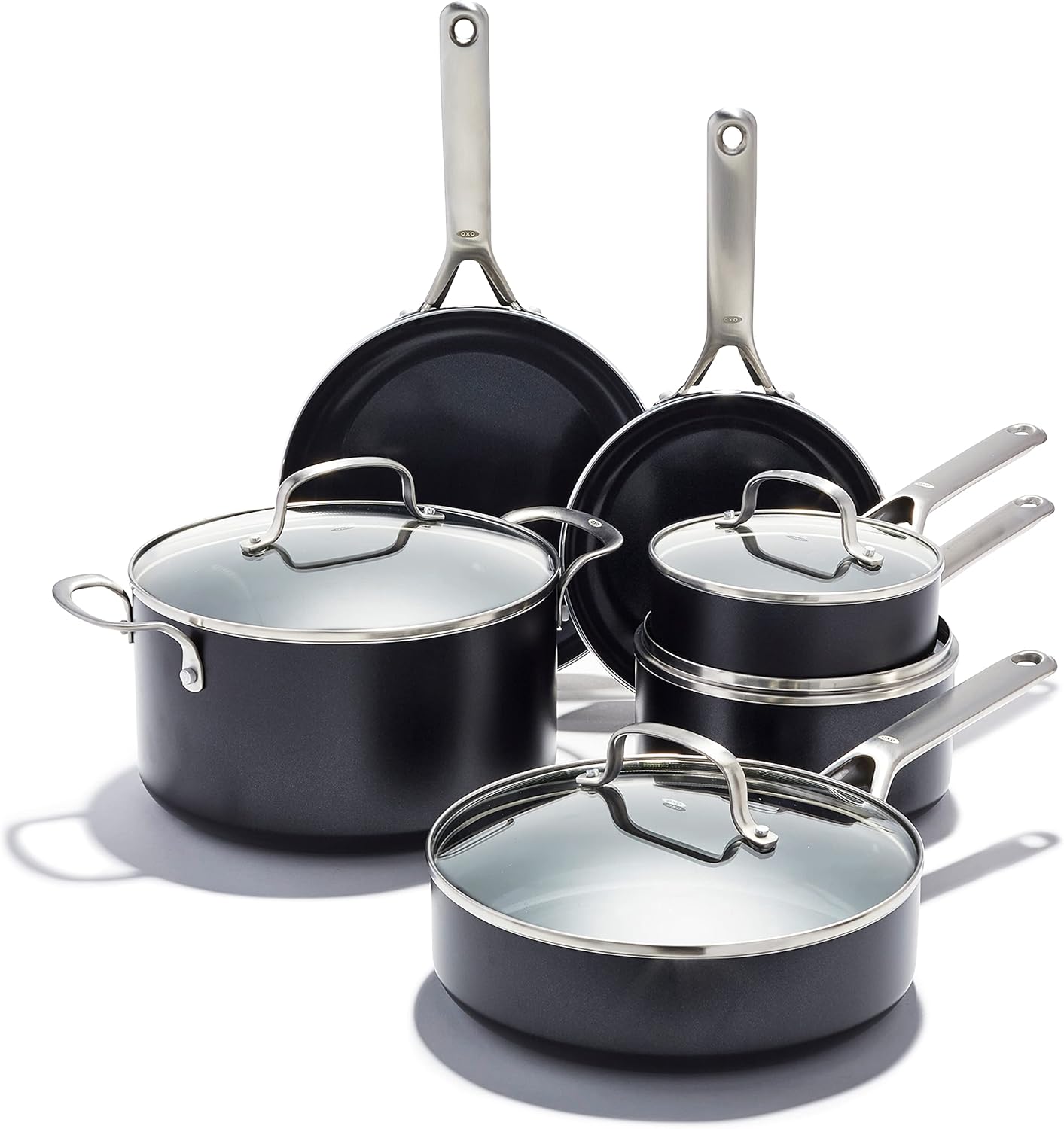 OXO Agility Sequence 10 Piece Cookware Pots and Pans Set, Ceramic Nonstick PFAS-Free, Induction, Skillets,Saucepans,Lids,Even Heating,Stainless Metal Handles,Chip-Free Rims,Dishwasher & Oven Secure,Black OXO Agility Sequence 10 Piece Cookware Pots and Pans Set, Ceramic Nonstick PFAS-Free, Induction, Skillets,Saucepans,Lids,Even Heating,Stainless Metal Handles,Chip-Free Rims,Dishwasher & Oven Secure,Black
