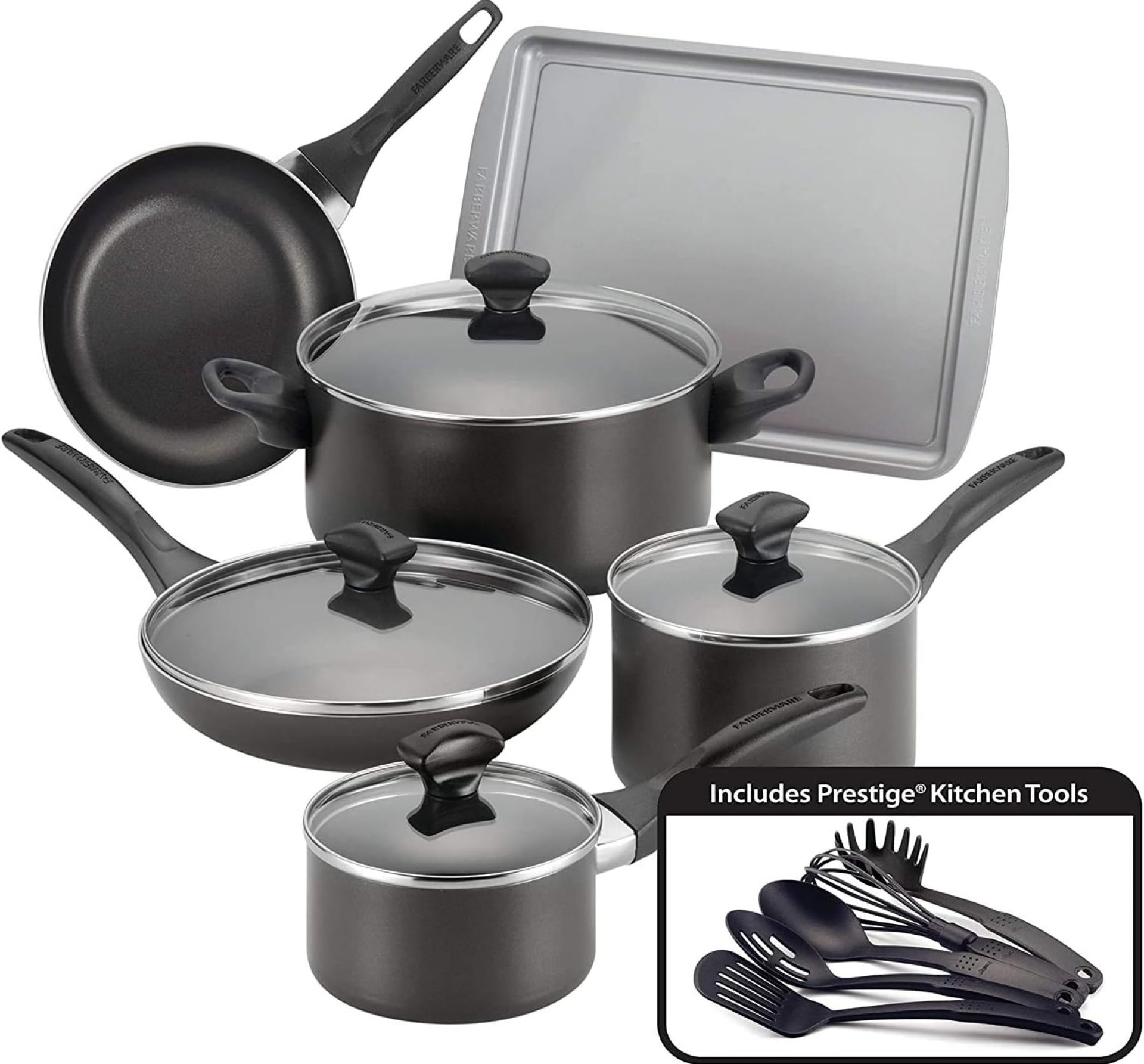 Farberware Dishwasher Secure Nonstick Cookware Pots and Pans Set, 15 Piece, Black,21806 Farberware Dishwasher Secure Nonstick Cookware Pots and Pans Set, 15 Piece, Black,21806