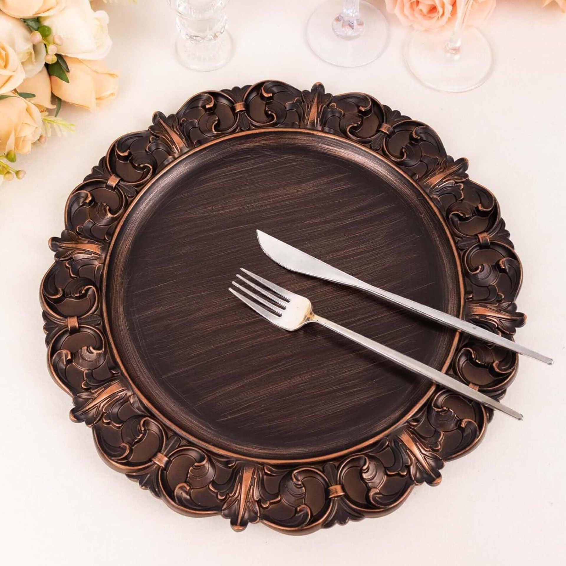 Efavormart 6 Pack Darkish Brown Aristocrat Model Acrylic Charger Plates With Ornate Embossed Rim, 13″ Spherical Retro Baroque Plastic Serving Plates Efavormart 6 Pack Darkish Brown Aristocrat Model Acrylic Charger Plates With Ornate Embossed Rim, 13″ Spherical Retro Baroque Plastic Serving Plates