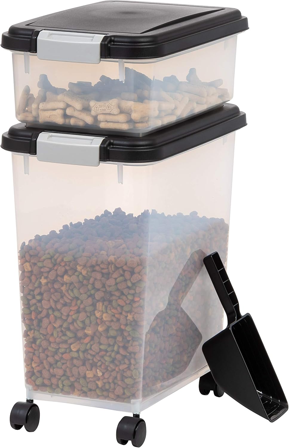 IRIS USA Canine Meals Storage Container, 30 lbs & 11 lbs Combo, Cat Meals Storage Container, Canine Deal with Container, Hermetic, Stackable, 2-Cup Scoop, Wheels, Simple Mobility, Black IRIS USA Canine Meals Storage Container, 30 lbs & 11 lbs Combo, Cat Meals Storage Container, Canine Deal with Container, Hermetic, Stackable, 2-Cup Scoop, Wheels, Simple Mobility, Black