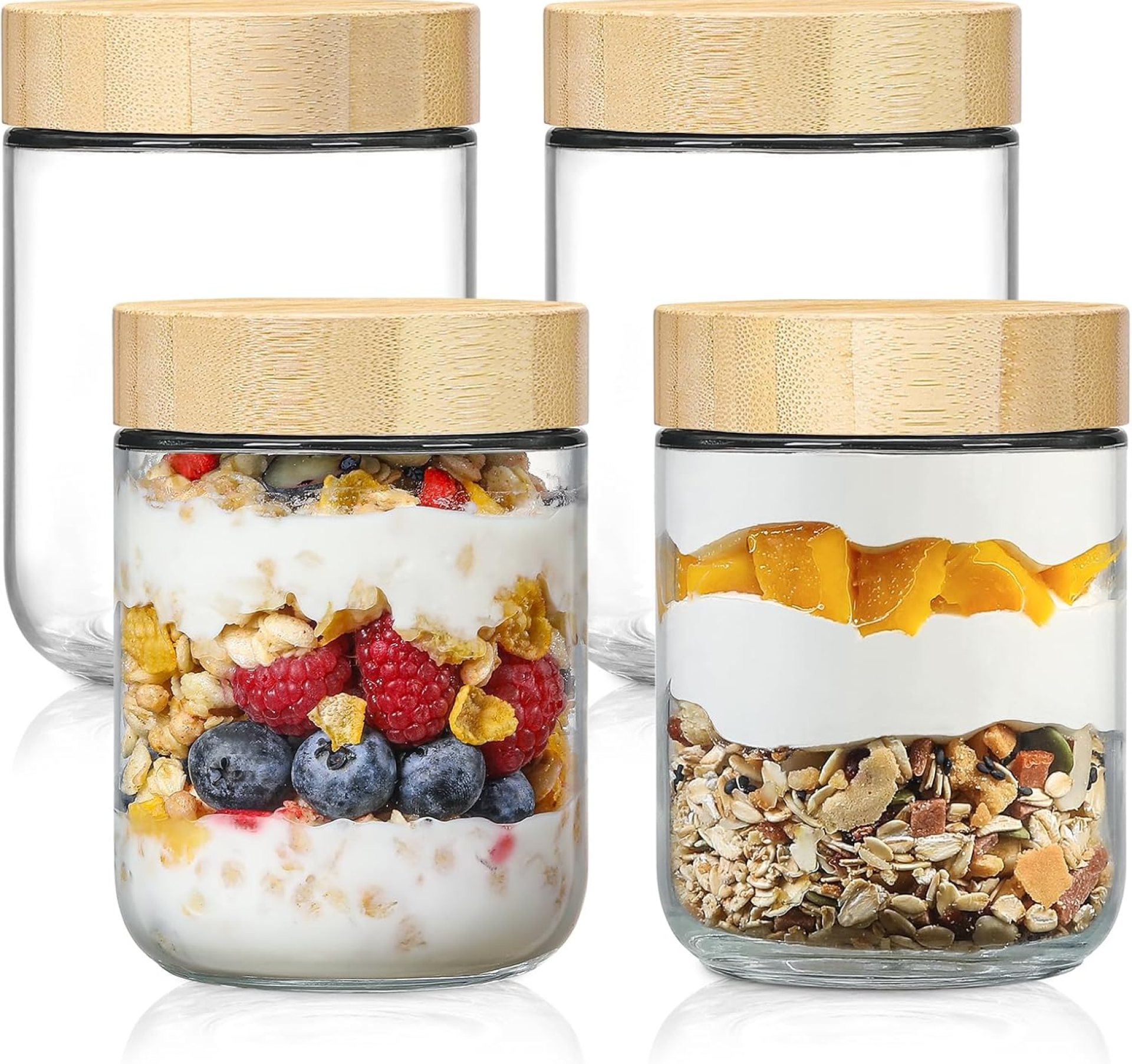 NETANY 4-pack 16oz Glass jars with Hermetic Lids, In a single day Oats Containers with Bamboo Lids, Large mouth Mason Salad jars, Glass Meals Storage Containers for Snacks Yogurt Spice Sugar NETANY 4-pack 16oz Glass jars with Hermetic Lids, In a single day Oats Containers with Bamboo Lids, Large mouth Mason Salad jars, Glass Meals Storage Containers for Snacks Yogurt Spice Sugar
