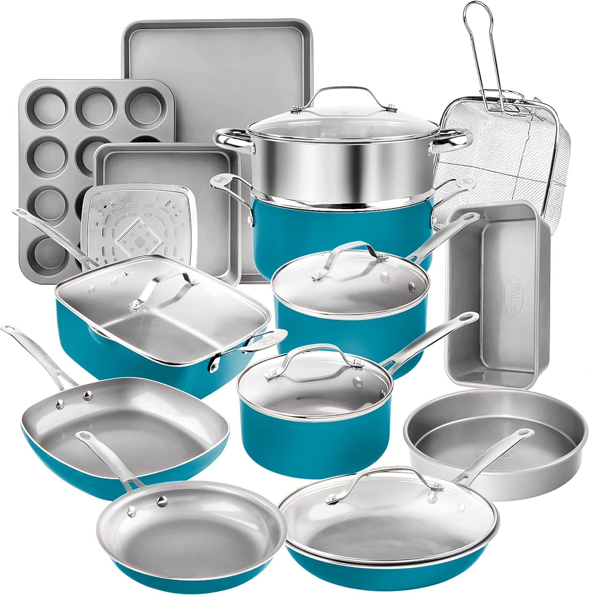 Gotham Metal 20 Piece Pots and Pans Set Nonstick Cookware Set, Pot and Pan Set, Kitchen Cookware Units, Ceramic Cookware Set, Ceramic Pots and Pans Set, Pot Set, Dishwasher Protected, Aqua Blue Gotham Metal 20 Piece Pots and Pans Set Nonstick Cookware Set, Pot and Pan Set, Kitchen Cookware Units, Ceramic Cookware Set, Ceramic Pots and Pans Set, Pot Set, Dishwasher Protected, Aqua Blue