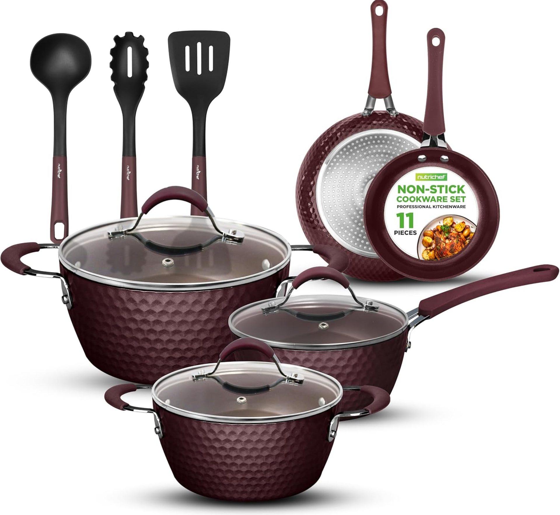 NutriChef Nonstick Cookware Excilon Dwelling Kitchen Ware Pots & Pan Set with Saucepan Frying Pans, Cooking Pots, Lids, Utensil PTFE/PFOA/PFOS free, 11 Pcs, Purple Diamond, One measurement NutriChef Nonstick Cookware Excilon Dwelling Kitchen Ware Pots & Pan Set with Saucepan Frying Pans, Cooking Pots, Lids, Utensil PTFE/PFOA/PFOS free, 11 Pcs, Purple Diamond, One measurement