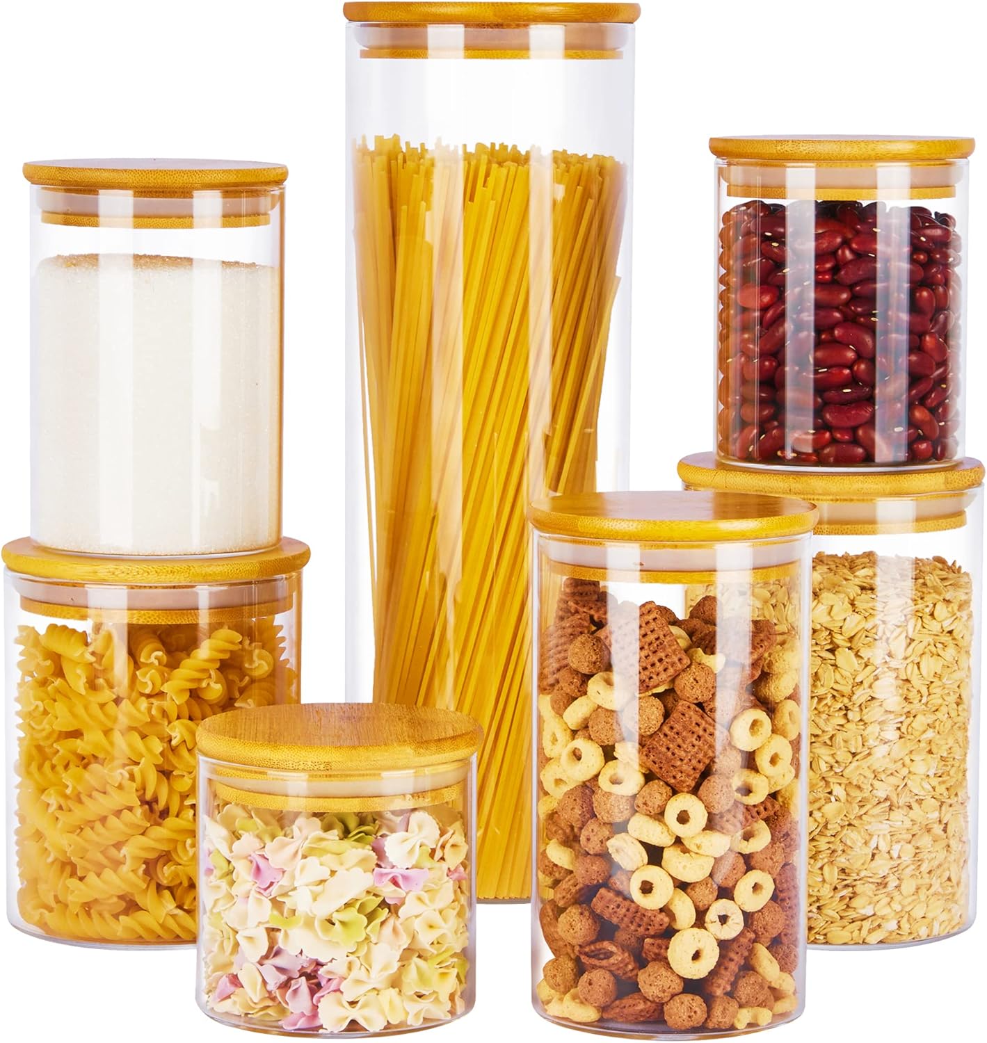 Vtopmart Glass Meals Storage Jars, 7 Pack Kitchen Containers with Hermetic Bamboo Wood Lids for Pasta, Cookies, Nuts, Espresso Beans, Cereal, Canisters Set for Flour, Pantry Group, BPA Free Vtopmart Glass Meals Storage Jars, 7 Pack Kitchen Containers with Hermetic Bamboo Wood Lids for Pasta, Cookies, Nuts, Espresso Beans, Cereal, Canisters Set for Flour, Pantry Group, BPA Free