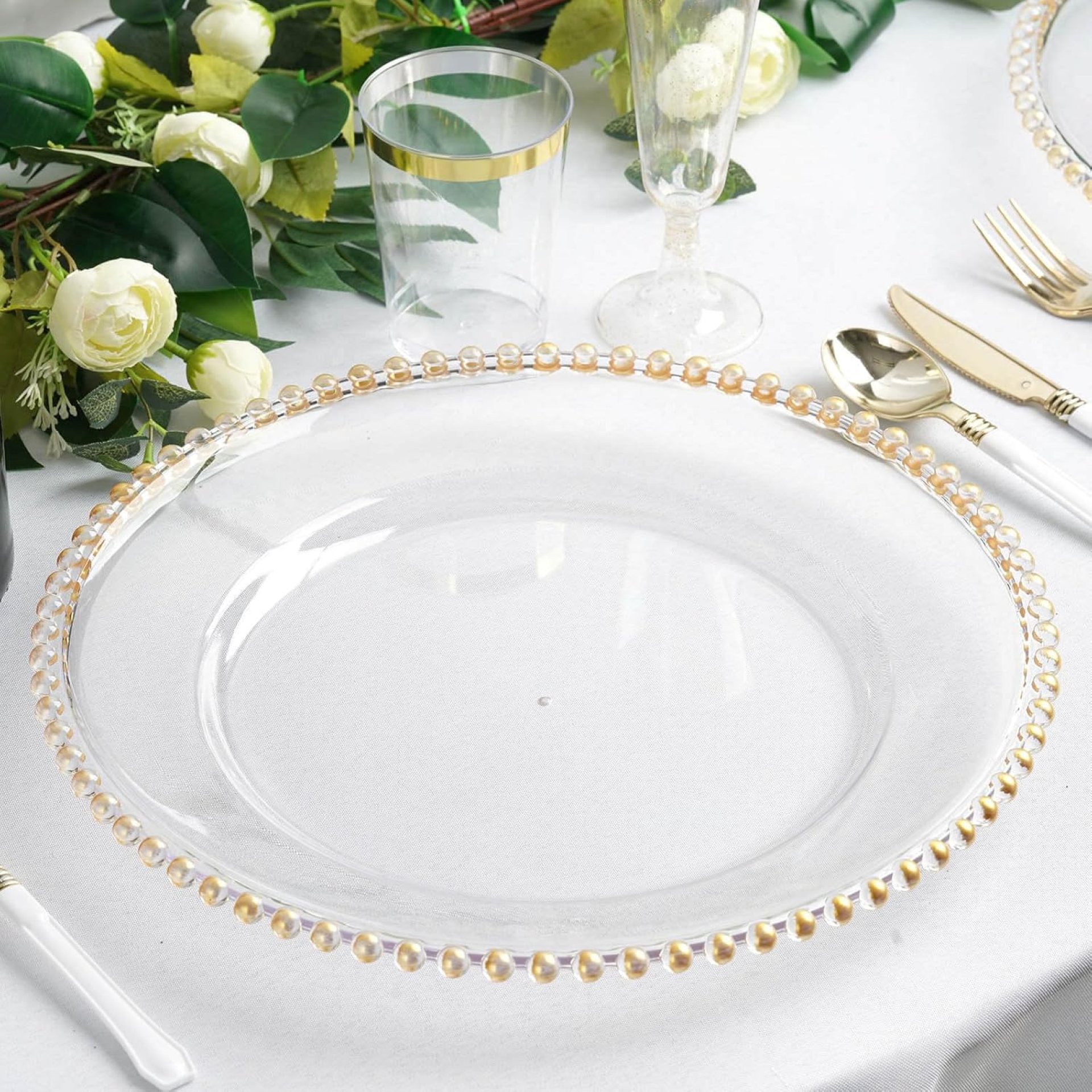 Efavormart 6 Pack 12″ Gold Clear Acrylic Spherical Charger Plates With Beaded Rim Dinner Charger Plates Efavormart 6 Pack 12″ Gold Clear Acrylic Spherical Charger Plates With Beaded Rim Dinner Charger Plates