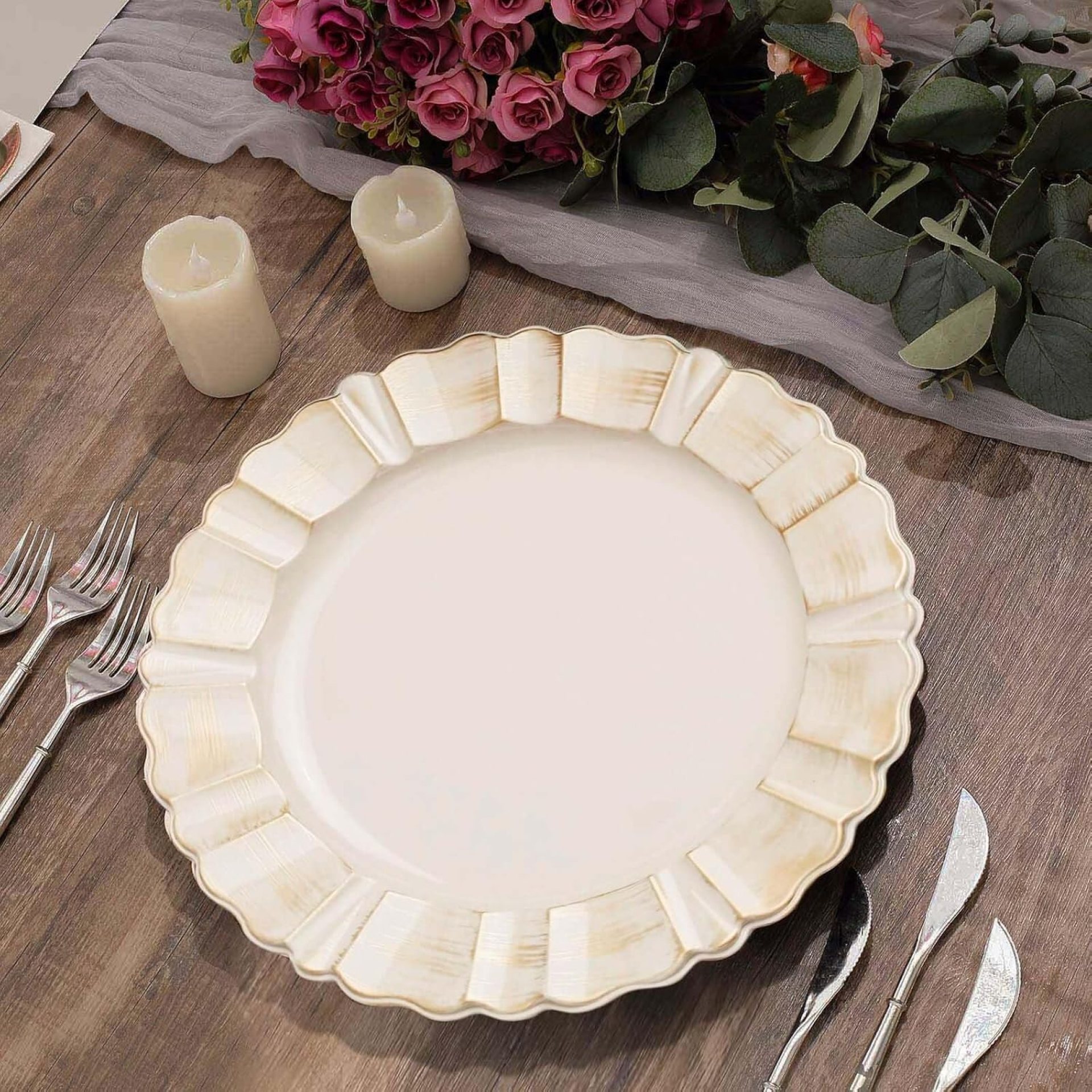 Efavormart 6 Pack | 13″ Beige Acrylic Plastic Dinner Plate Chargers With Gold Brushed Wavy Scalloped Rim Efavormart 6 Pack | 13″ Beige Acrylic Plastic Dinner Plate Chargers With Gold Brushed Wavy Scalloped Rim