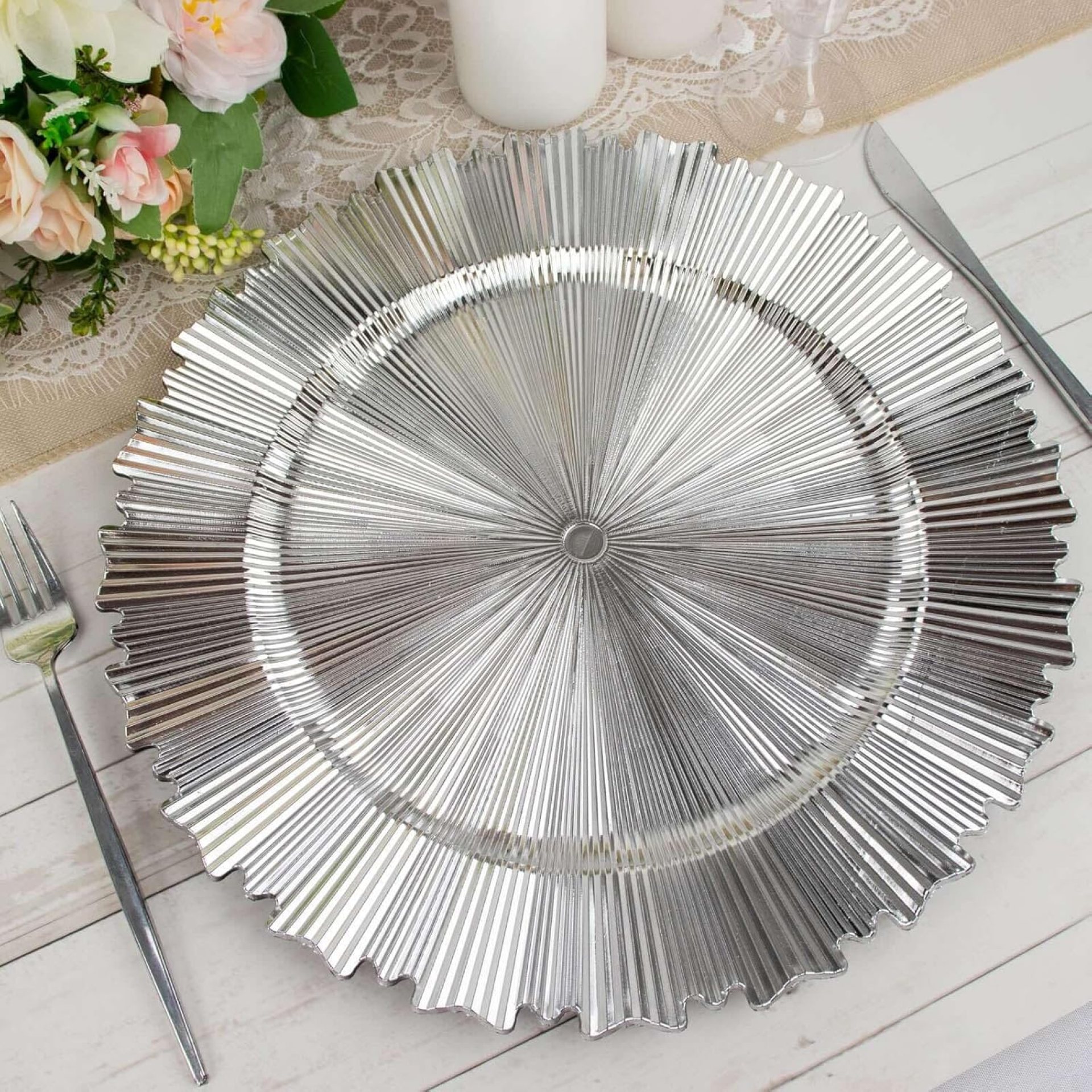 Efavormart 6 Pack | 13″ Metallic Silver Sunray Acrylic Plastic Serving Plates, Spherical Scalloped Rim Disposable Charger Plates Efavormart 6 Pack | 13″ Metallic Silver Sunray Acrylic Plastic Serving Plates, Spherical Scalloped Rim Disposable Charger Plates