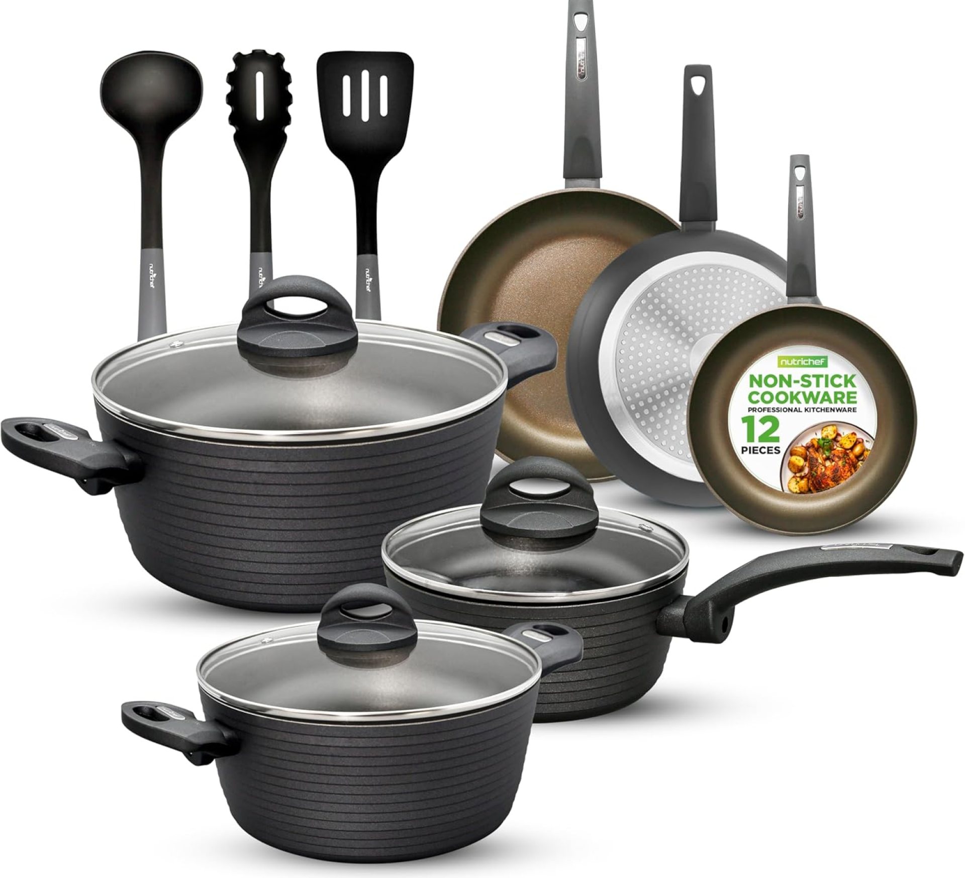 NutriChef 12-Piece Nonstick Kitchen Cookware Set – Skilled Arduous Anodized Dwelling Kitchen Ware Pots and Pans Set, Consists of Saucepan, Frying Pans, Cooking Pots, Dutch Oven Pot, Lids, Utensils, Grey NutriChef 12-Piece Nonstick Kitchen Cookware Set – Skilled Arduous Anodized Dwelling Kitchen Ware Pots and Pans Set, Consists of Saucepan, Frying Pans, Cooking Pots, Dutch Oven Pot, Lids, Utensils, Grey