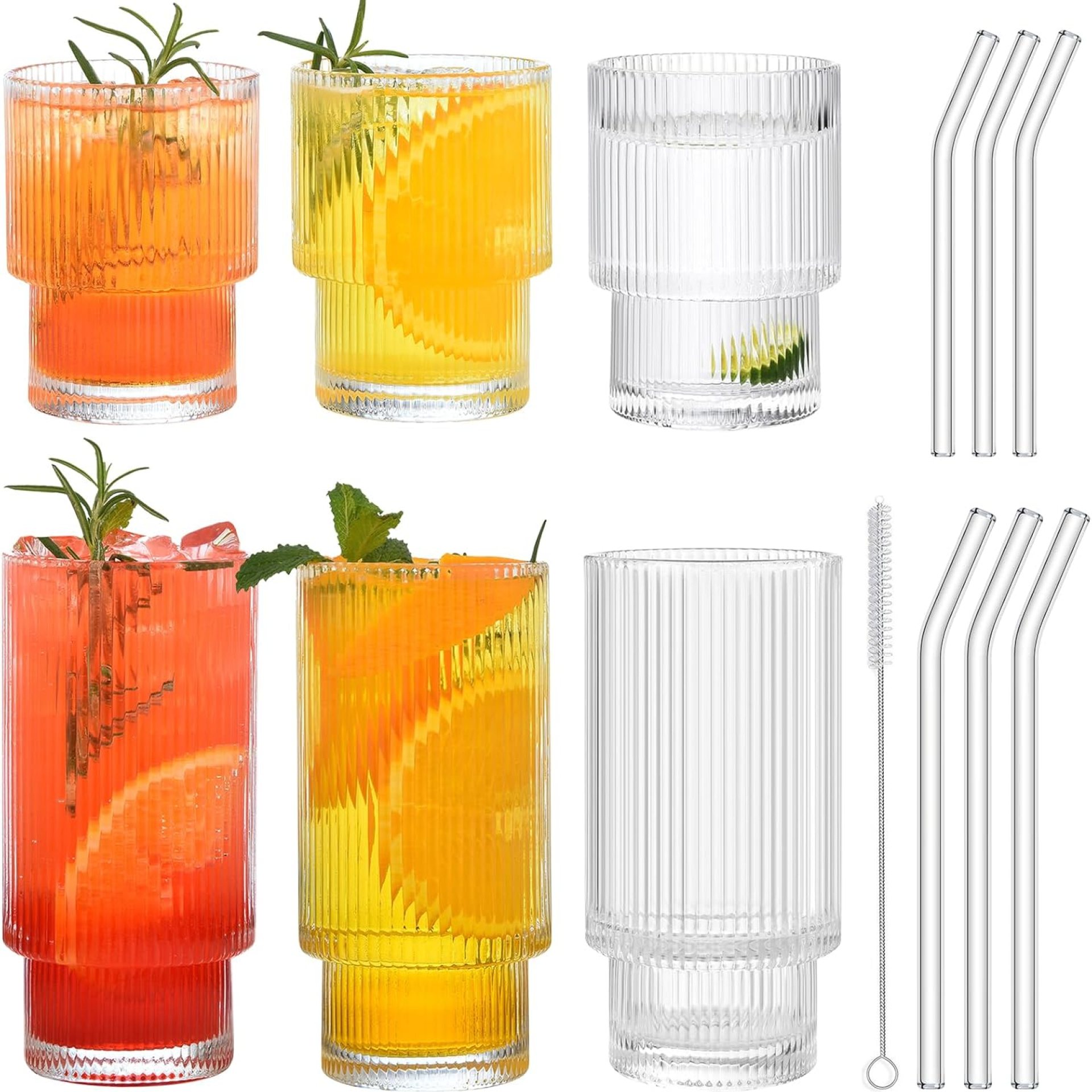 ALINK Ribbed Glassware Ingesting Glasses with Straws Set of 6, Classic Fluted Glassware Iced Espresso Cups, Ridged Glass Tumbler for Coocktail, Whiskey, Beer, Water ALINK Ribbed Glassware Ingesting Glasses with Straws Set of 6, Classic Fluted Glassware Iced Espresso Cups, Ridged Glass Tumbler for Coocktail, Whiskey, Beer, Water