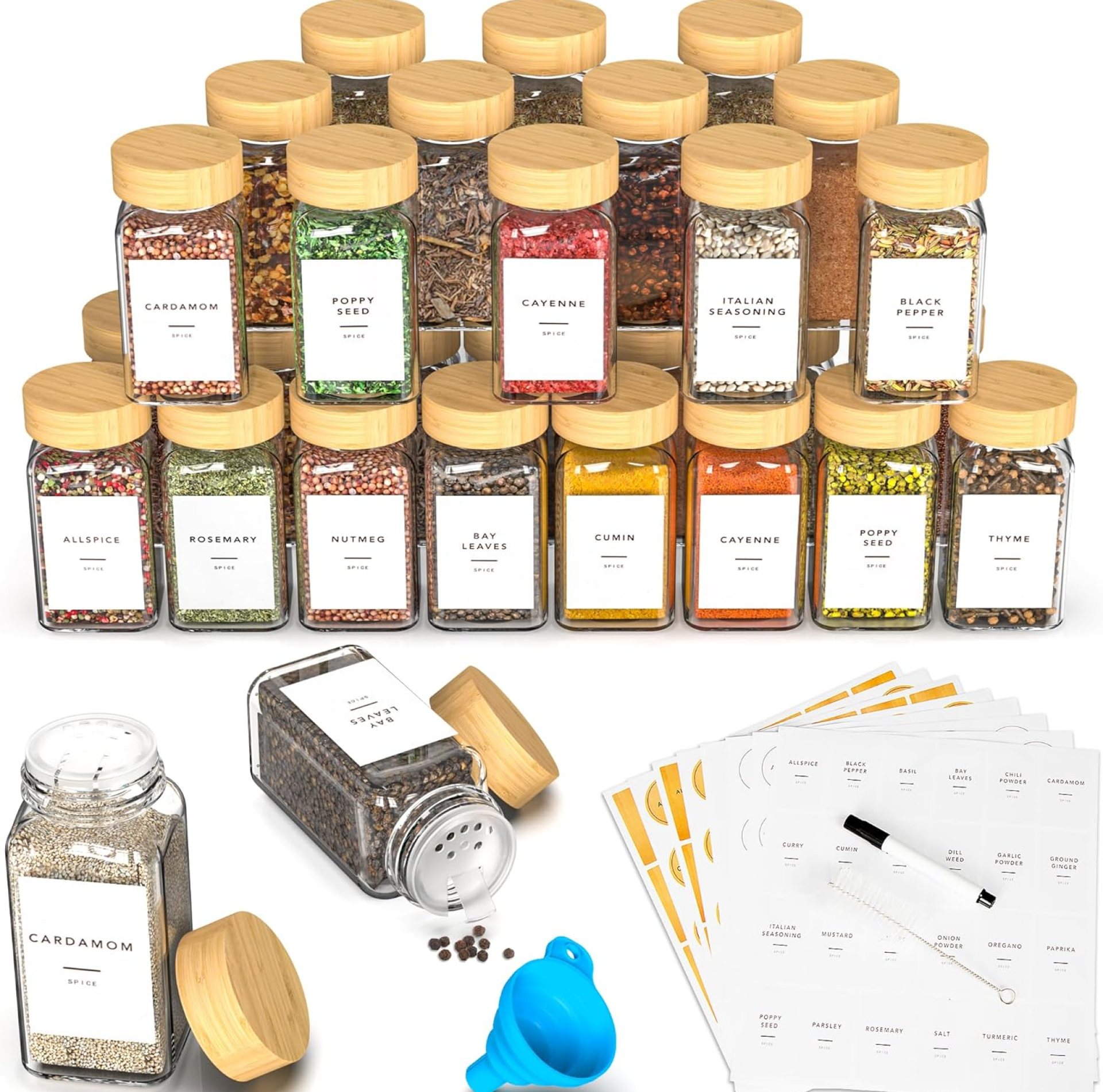 24 Glass Spice Jars with Label, Spice Jar Set with Bamboo Lids 4oz Seasoning Containers Shakers & Spice Labels, Empty Spice Bottles, Kitchen Group Storage for Cupboard Drawer Decor Necessities 24 Glass Spice Jars with Label, Spice Jar Set with Bamboo Lids 4oz Seasoning Containers Shakers & Spice Labels, Empty Spice Bottles, Kitchen Group Storage for Cupboard Drawer Decor Necessities