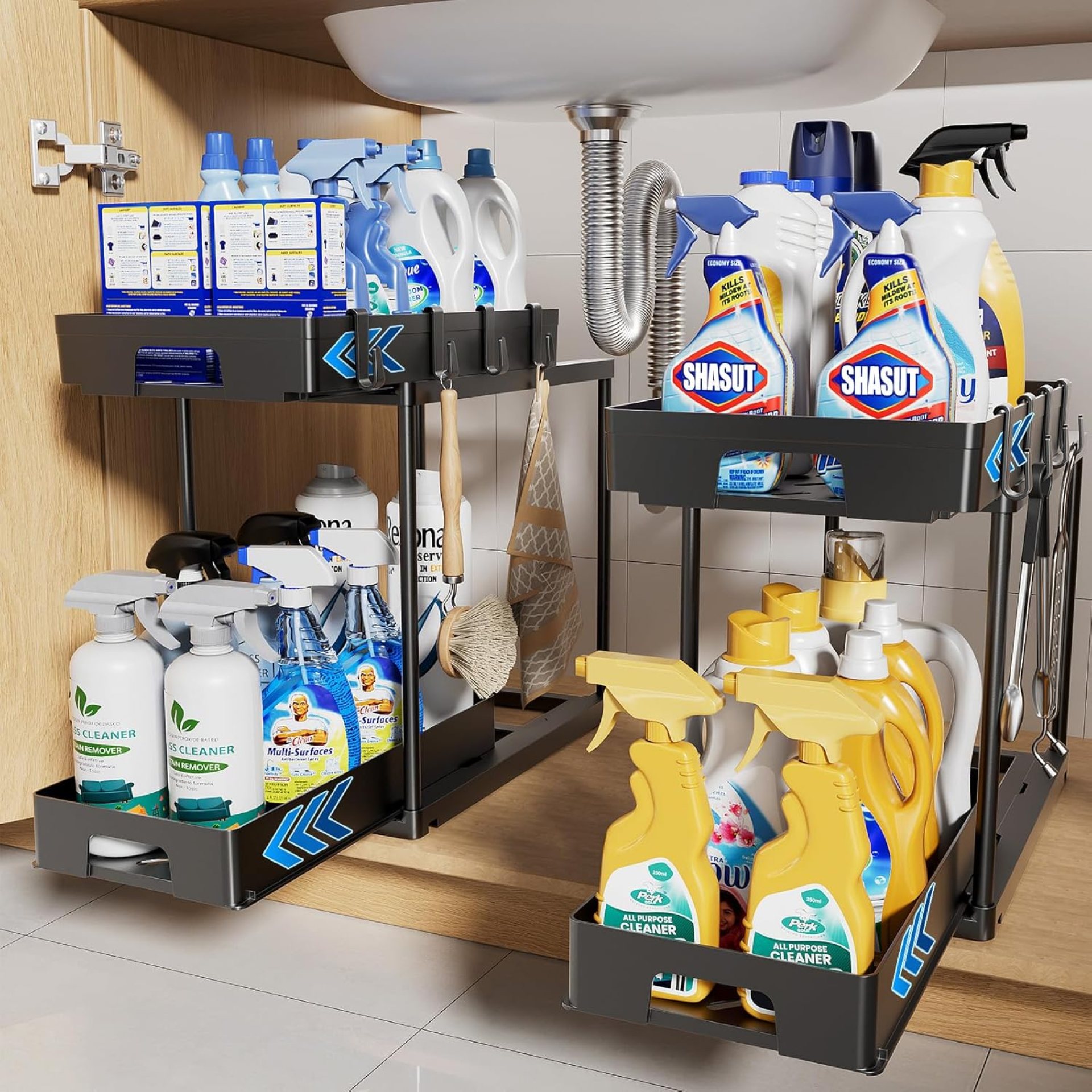 Delamu Below Sink Organizers and Storage, 2 Pack Pull Out Kitchen Rest room Cupboard Organizer, 2 Tier Black Below Sink Storage for Rest room Kitchen, Below Counter Storage Organizer with 8 Hooks Delamu Below Sink Organizers and Storage, 2 Pack Pull Out Kitchen Rest room Cupboard Organizer, 2 Tier Black Below Sink Storage for Rest room Kitchen, Below Counter Storage Organizer with 8 Hooks
