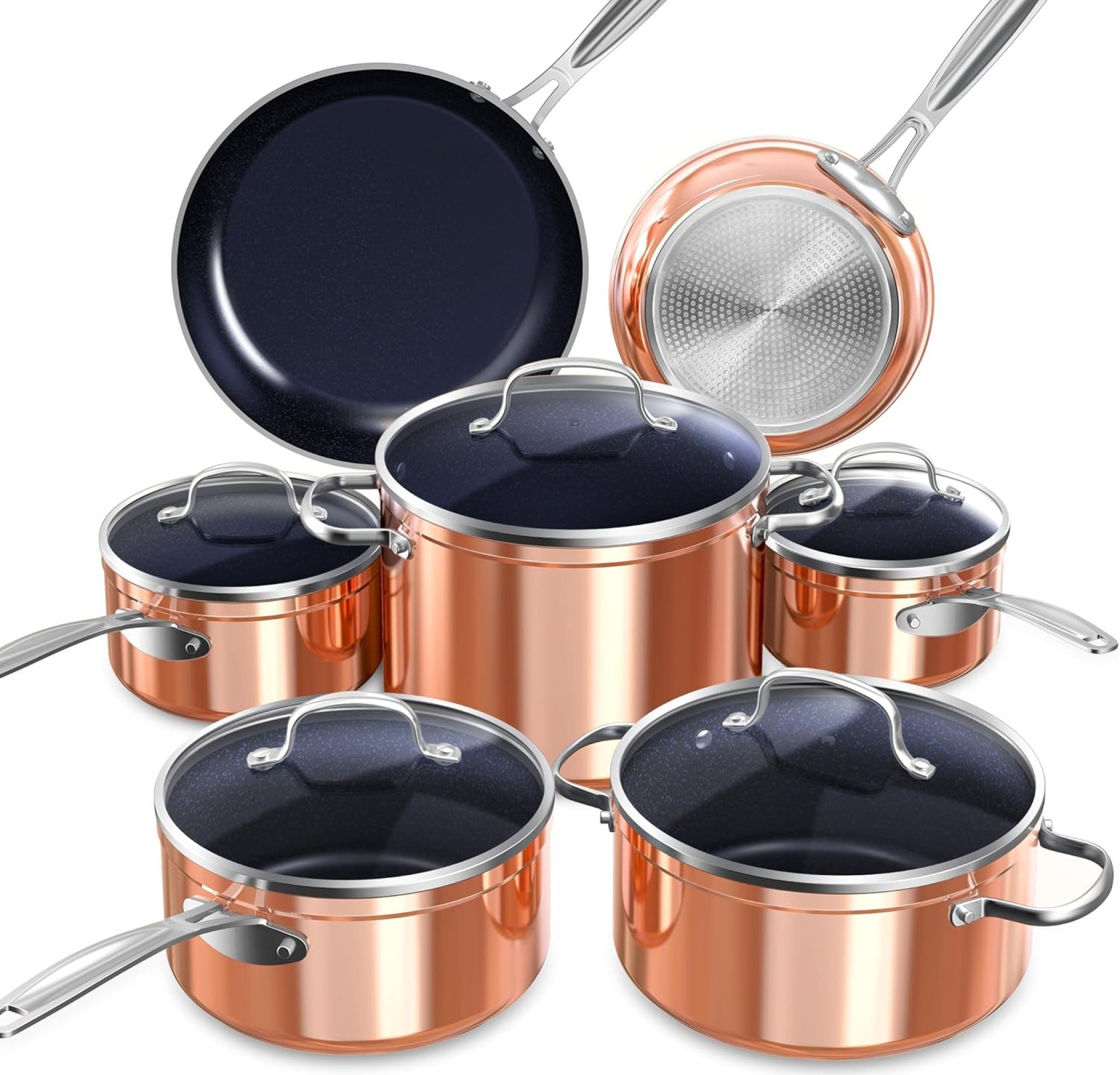 Nuwave Wholesome Duralon Blue Ceramic Nonstick Cookware Set, Diamond Infused Scratch-Resistant, PFAS Free, Dishwasher & Oven Secure, Induction Prepared & Evenly Heats,Tempered Glass Lids & Keep-Cool Handles Nuwave Wholesome Duralon Blue Ceramic Nonstick Cookware Set, Diamond Infused Scratch-Resistant, PFAS Free, Dishwasher & Oven Secure, Induction Prepared & Evenly Heats,Tempered Glass Lids & Keep-Cool Handles