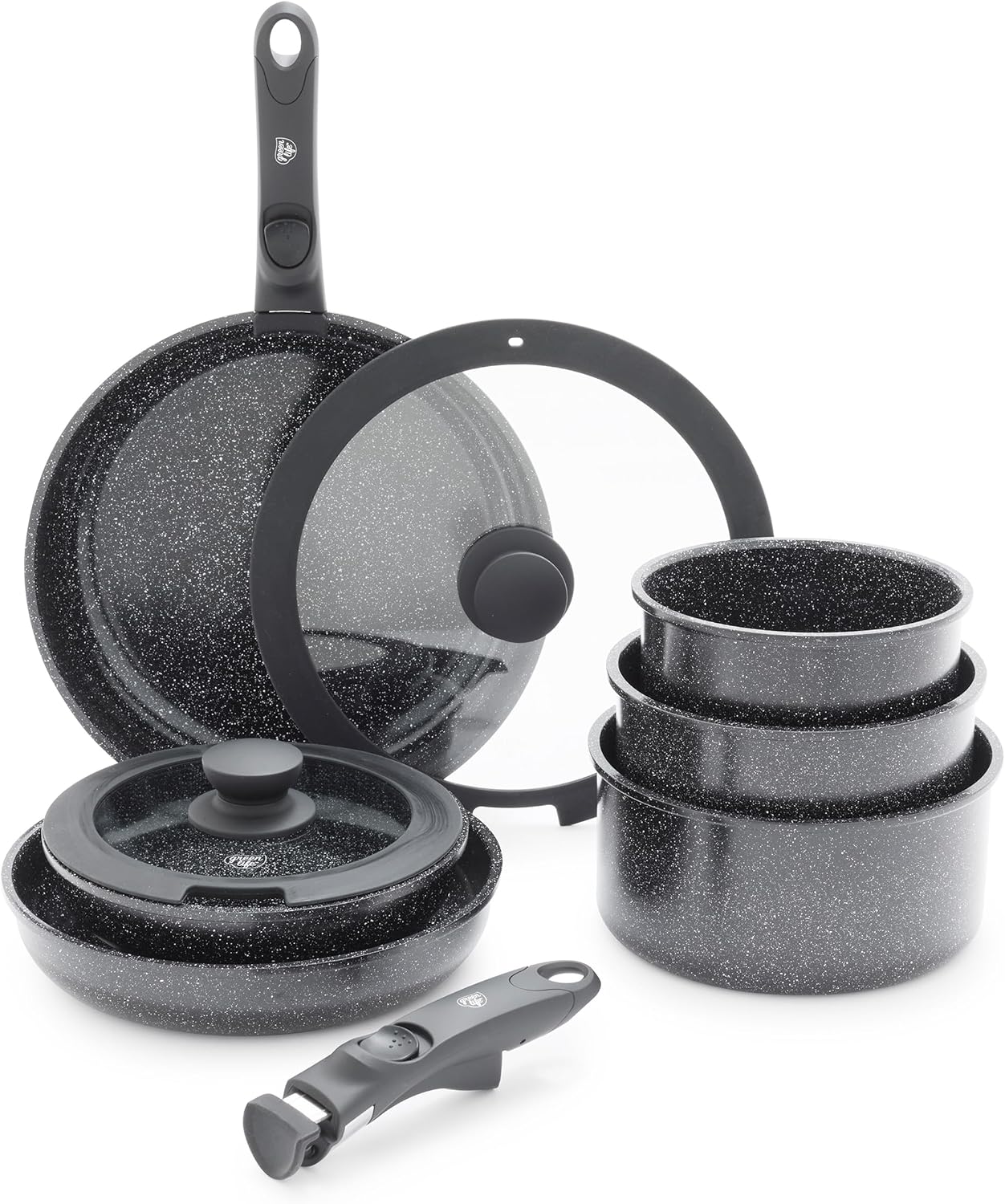 GreenLife Click on 10-Piece Ceramic Nonstick Cookware Set, Removable Deal with, Stackable Area Saving Kitchen Important, Non Poisonous PFAS-Free Pots & Pans, Induction & Oven Secure, Glass Lid, Speckled Black GreenLife Click on 10-Piece Ceramic Nonstick Cookware Set, Removable Deal with, Stackable Area Saving Kitchen Important, Non Poisonous PFAS-Free Pots & Pans, Induction & Oven Secure, Glass Lid, Speckled Black