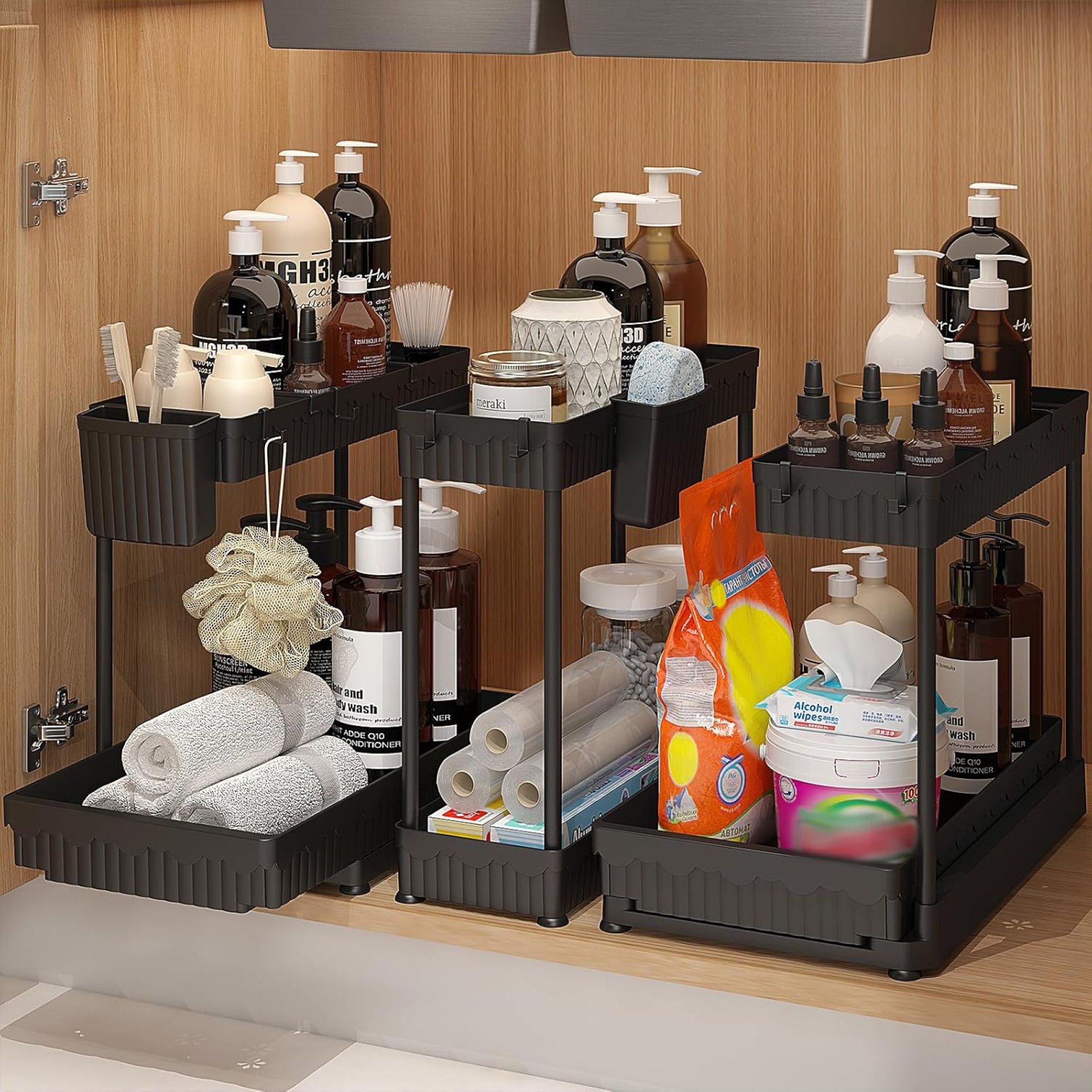 3 Pack Underneath Sink Organizers and Storage L-Formed, 2 Tier Sliding Toilet Organizers and Storage with Hooks Hanging Cup, Multi-Goal Cupboard Organizers for Kitchen Toilet, Black 3 Pack Underneath Sink Organizers and Storage L-Formed, 2 Tier Sliding Toilet Organizers and Storage with Hooks Hanging Cup, Multi-Goal Cupboard Organizers for Kitchen Toilet, Black