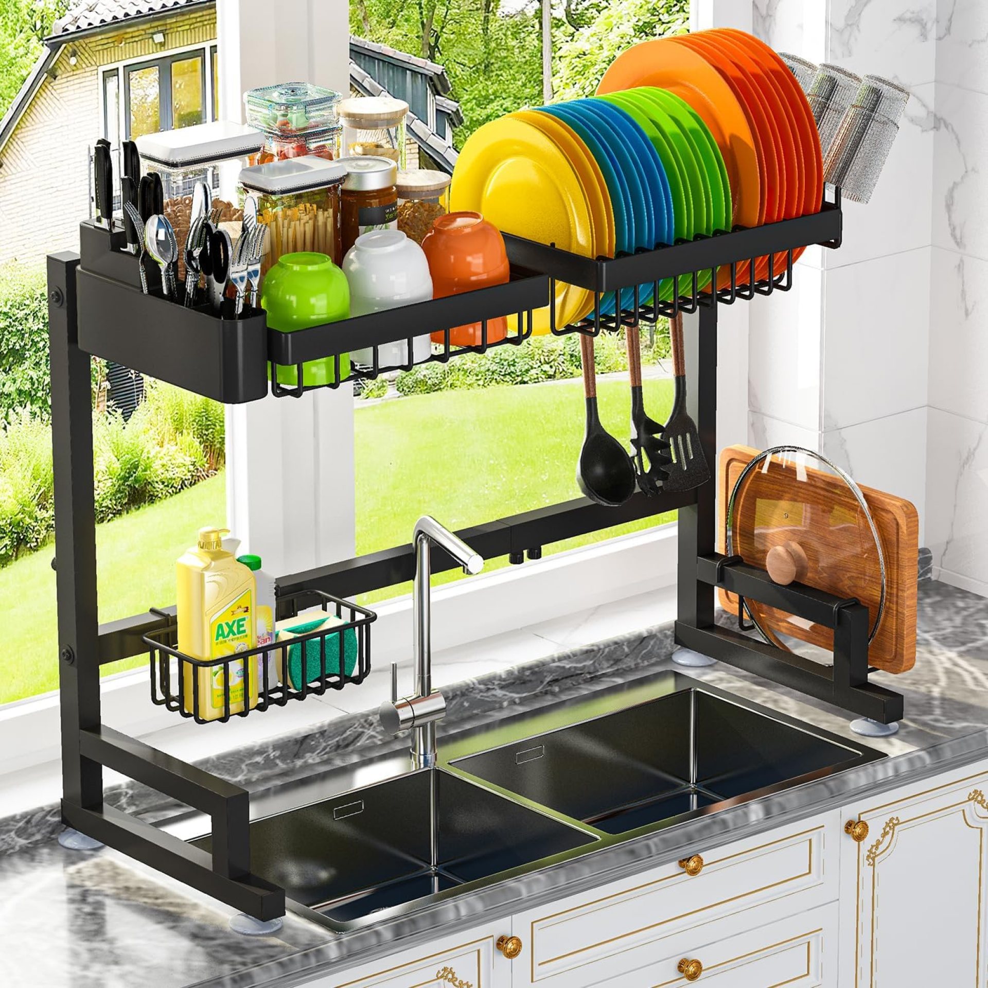 ADBIU Match Sink 24.5″- 35.5″ L Over Sink Dish Drying Rack (Expandable Dimension) Snap-On Design 2 Tier Massive Kitchen Dish Rack Stainless Metal Counter Group and Storage ADBIU Match Sink 24.5″- 35.5″ L Over Sink Dish Drying Rack (Expandable Dimension) Snap-On Design 2 Tier Massive Kitchen Dish Rack Stainless Metal Counter Group and Storage