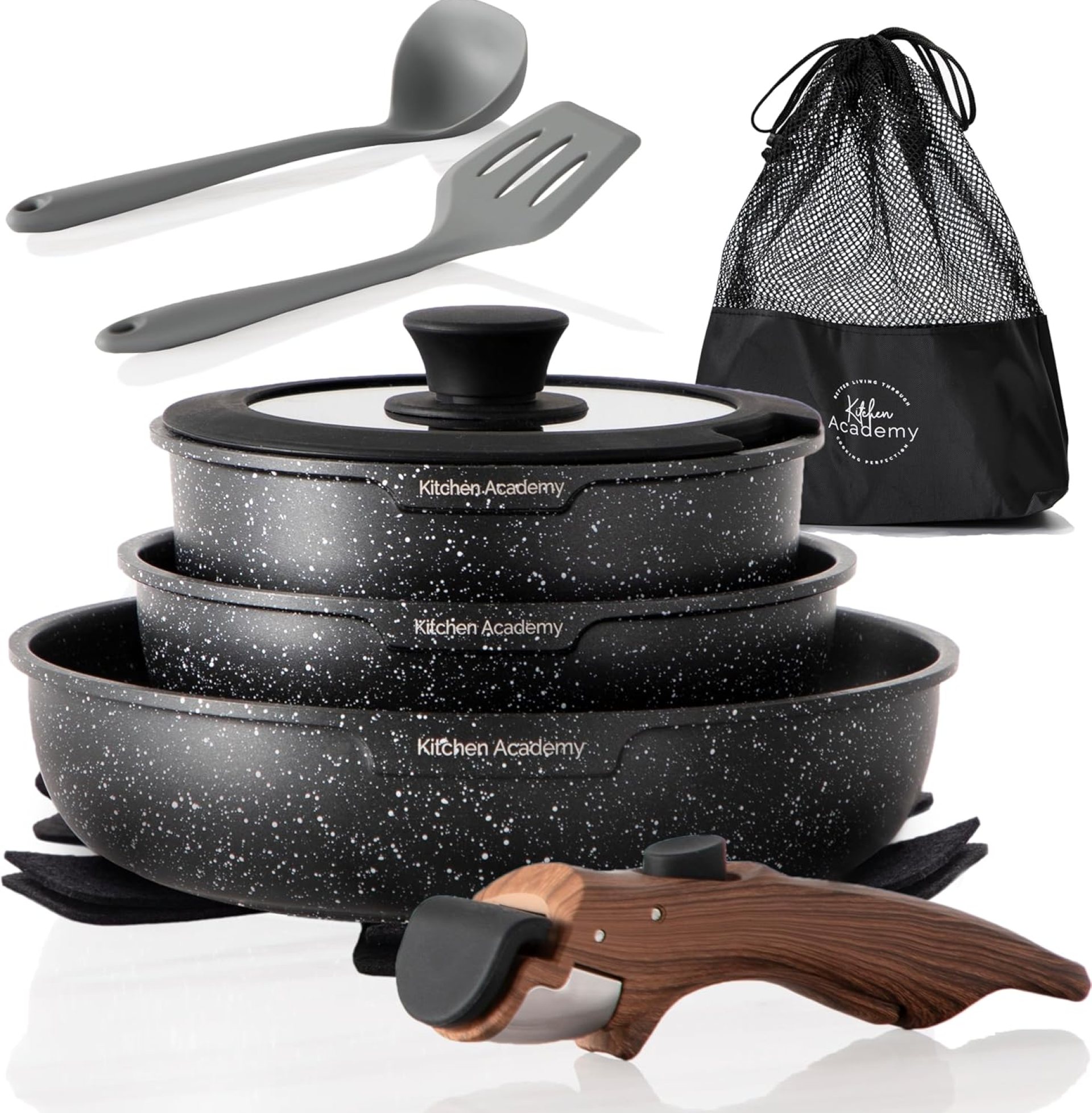Kitchen Academy Removable Deal with Induction Cookware Units – 10 Piece Non-stick Cooking Pots and Pans, Black Granite Stackable RV Cookware for Camp Kitchen Academy Removable Deal with Induction Cookware Units – 10 Piece Non-stick Cooking Pots and Pans, Black Granite Stackable RV Cookware for Camp