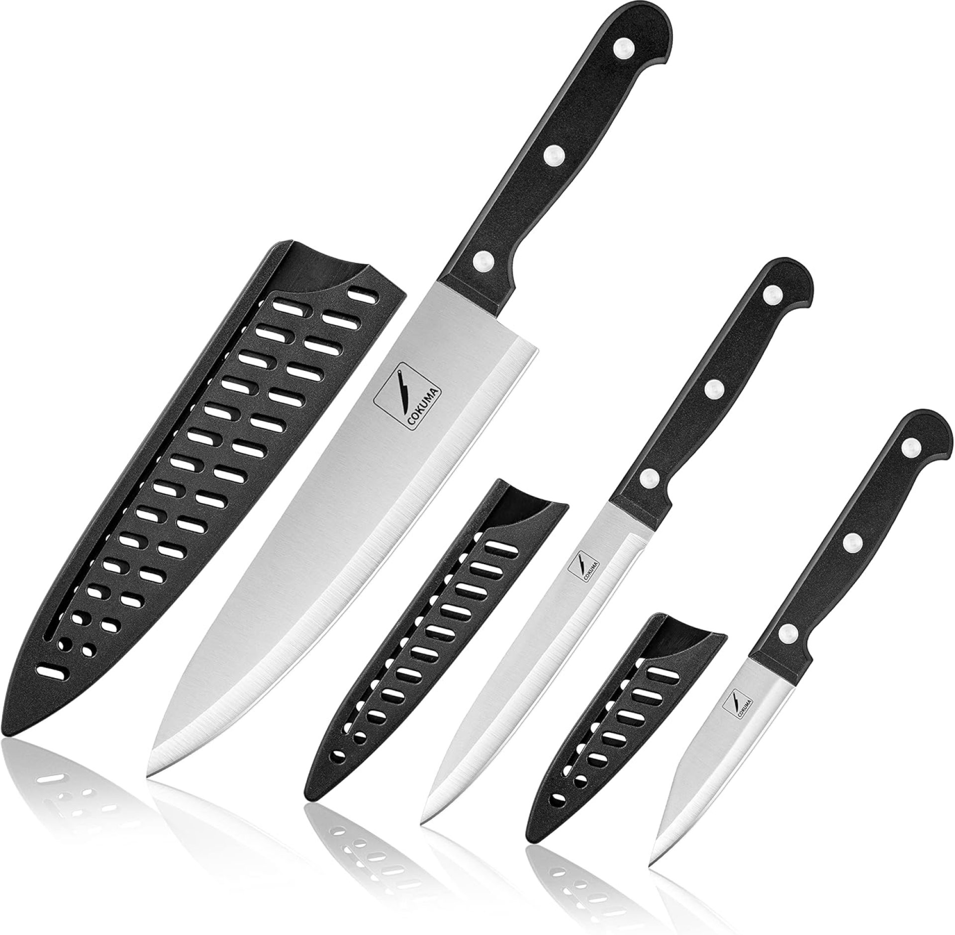 Kitchen Knife, 3-Pcs Knife Set With Sheath, 8 Inch Chef Knife, 4.5 Inch Utility Knife, 4 Inch Paring Chef Knife, Stainless Metal, Black Kitchen Knife, 3-Pcs Knife Set With Sheath, 8 Inch Chef Knife, 4.5 Inch Utility Knife, 4 Inch Paring Chef Knife, Stainless Metal, Black