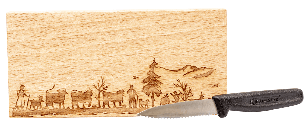Messerbrett “Alpaufzug Familie”, 18,5x9x2 cm, mit Messer + Beutel