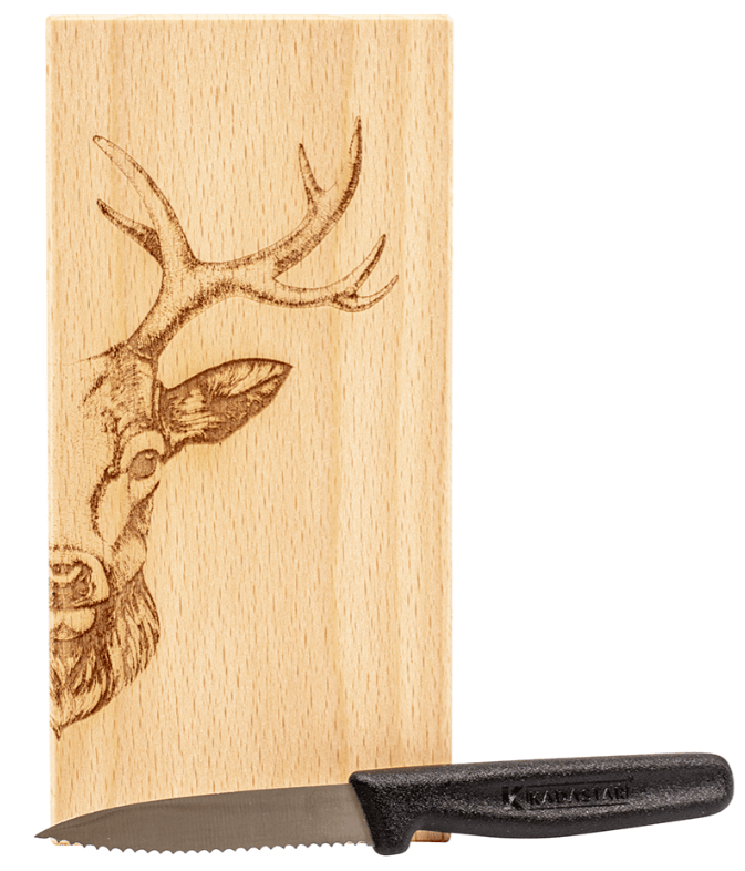Messerbrett “Hirsch Zoom”, 18,5x9x2 cm, mit Messer + Beutel