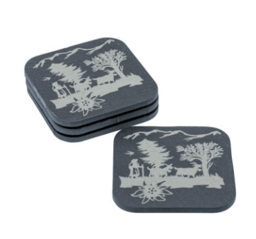 Schiefer-Untersetzer “Alpaufzug”, 4er-Set, 10×10 cm