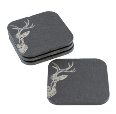 Schiefer-Untersetzer “Hirsch Zoom”, 4er-Set, 10×10 cm