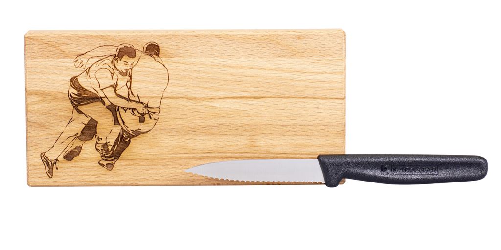 Messerbrett “Hosenlupf”, 18,5x9x2 cm , mit Messer + Beutel