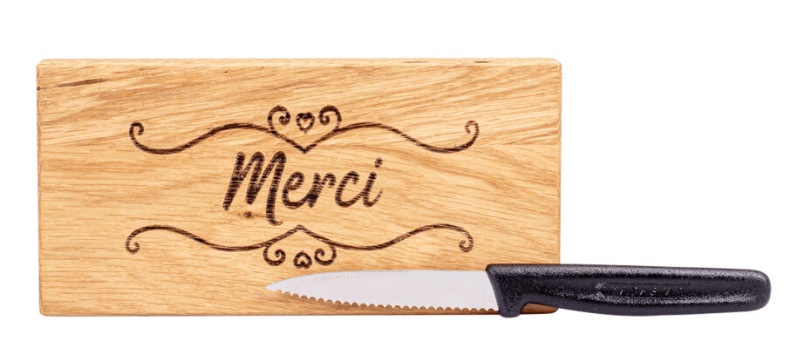 Kadastar Messerbrett “Merci” 18,5x9x2 cm mit Messer + Beutel
