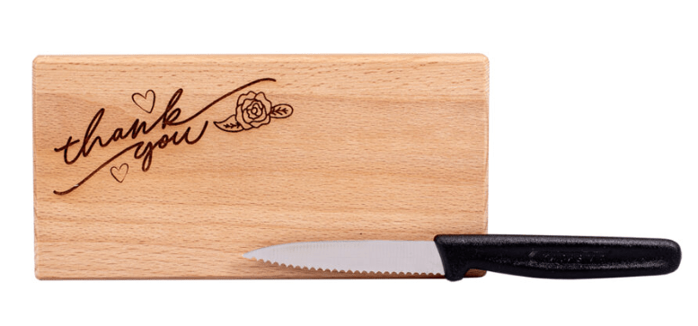 Messerbrett “Thank you”, 18,5x9x2 cm, mit Messer + Beutel