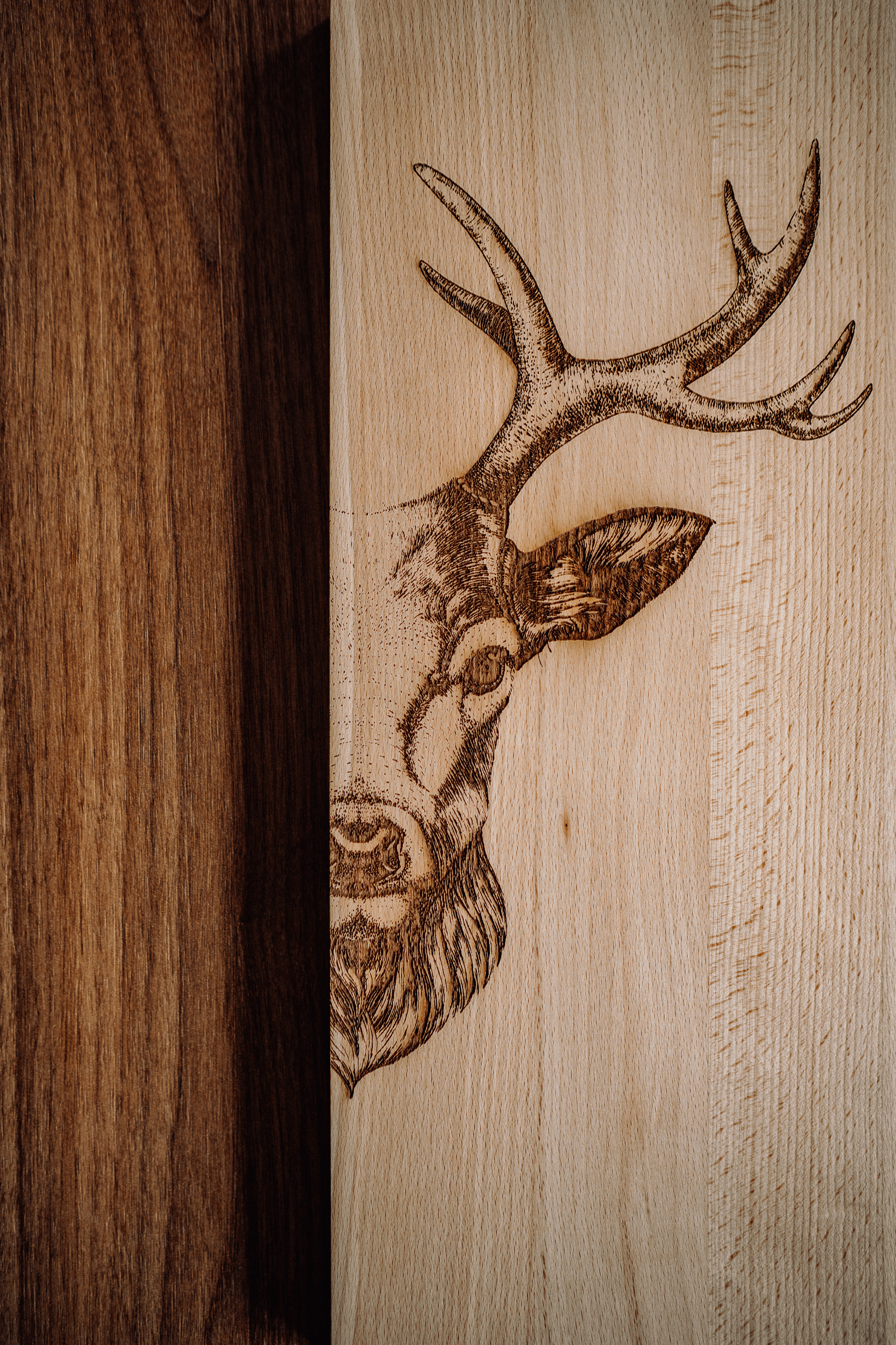Holzbrett “Hirsch Zoom”, 60x20x2 cm, Buche