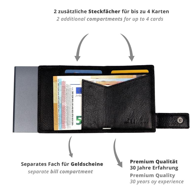 SecWal 2 Portemonnaie mit Münzfach, 10 Karten, RFID-Schutz, schwarz