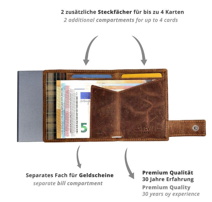 SecWal 2 Portemonnaie mit Münzfach, 10 Karten, RFID-Schutz, braun