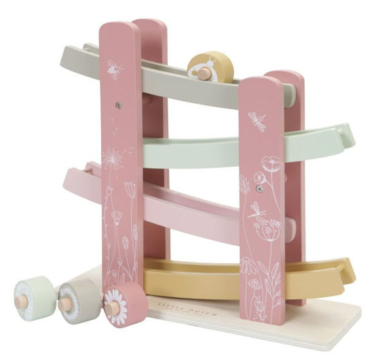 Holz Rollbahn pink inklusive 4 Rollen mit Beschriftung