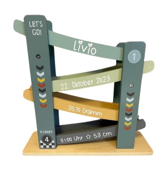 Holz Rennbahn Cars blau inklusive 4 Autos mit Beschriftung