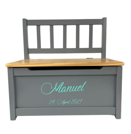 Kindertruhenbank Fenna grau / natur mit Rückenlehne mit Beschriftung