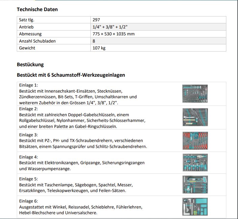 Technocraft Werkstattwagen Swiss Team 297 teilig 665215