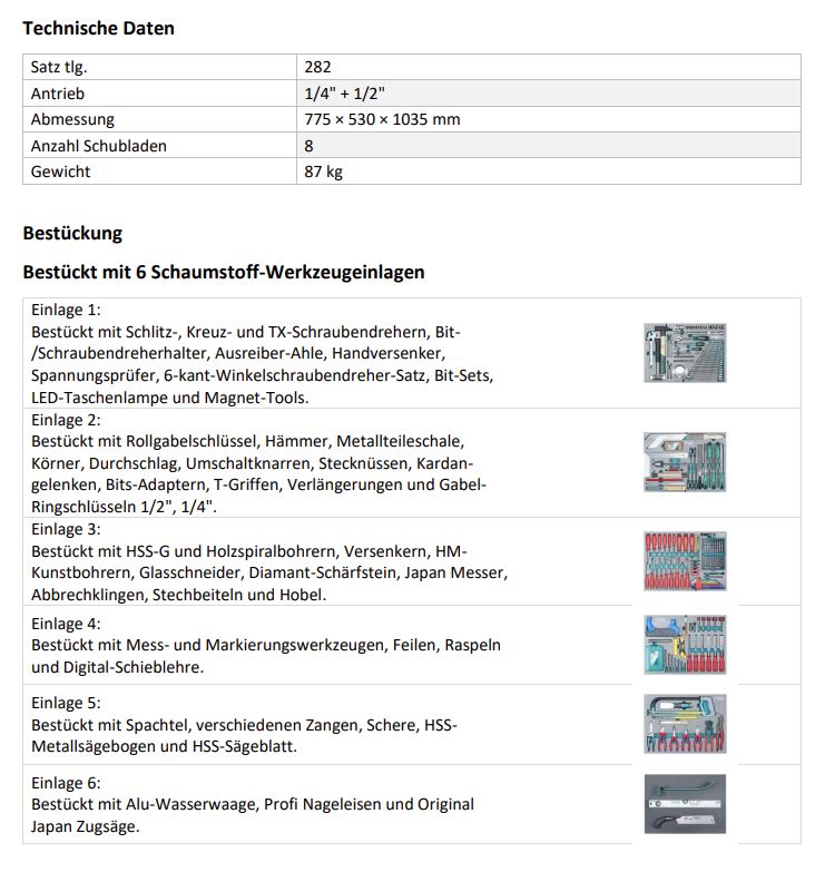 Technocraft Werkstattwagen Swiss Team Wood Pro 282 teilig 729719