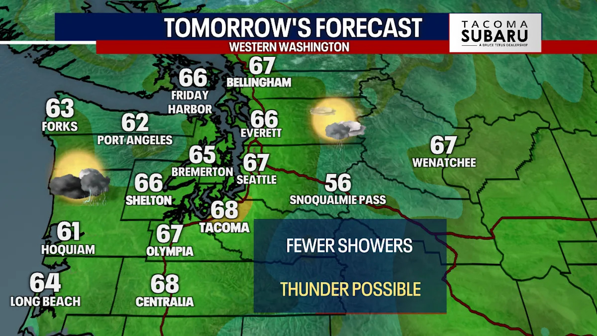 Few showers Thursday, sunbreaks and chance of thunderstorms Few showers Thursday, sunbreaks and chance of thunderstorms