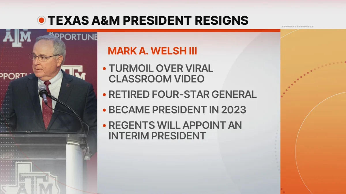 Texas A&M President Mark A. Welsh III to step down after a week of turmoil over viral classroom video Texas A&M President Mark A. Welsh III to step down after a week of turmoil over viral classroom video